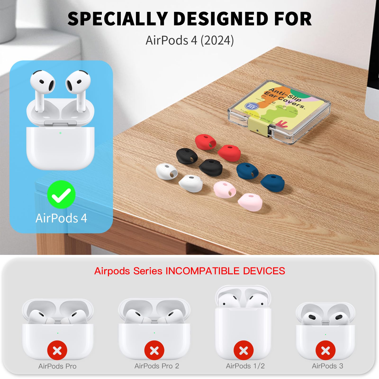 [5 Pairs] for AirPods 4 Ear Tips Covers Sport Anti Slip Anti Scratche Skin Soft Silicone Eartip AirPods 4 Gen Earbuds Accessories Compatible with Apple AirPods 4th Generation (5 Colors Mix) 6