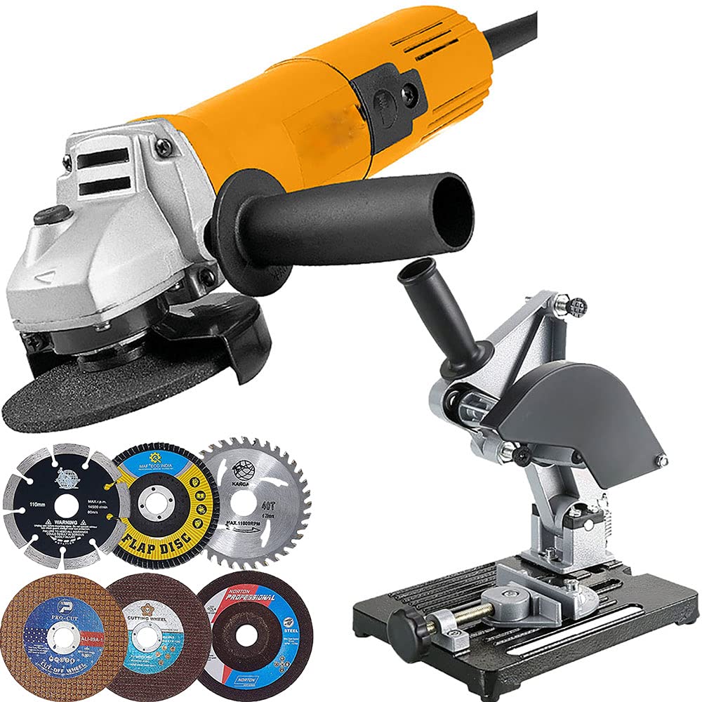 MLD Heavy Copper Motor 850 watt 220V electric compact angle grinder machine Disc Dia 100mm with Angle Grinder Stand & Wheel 6 Pieces Discs Combo Set (4 Inches, 850W, 11000 Rpm, 220V, Color-Multi)