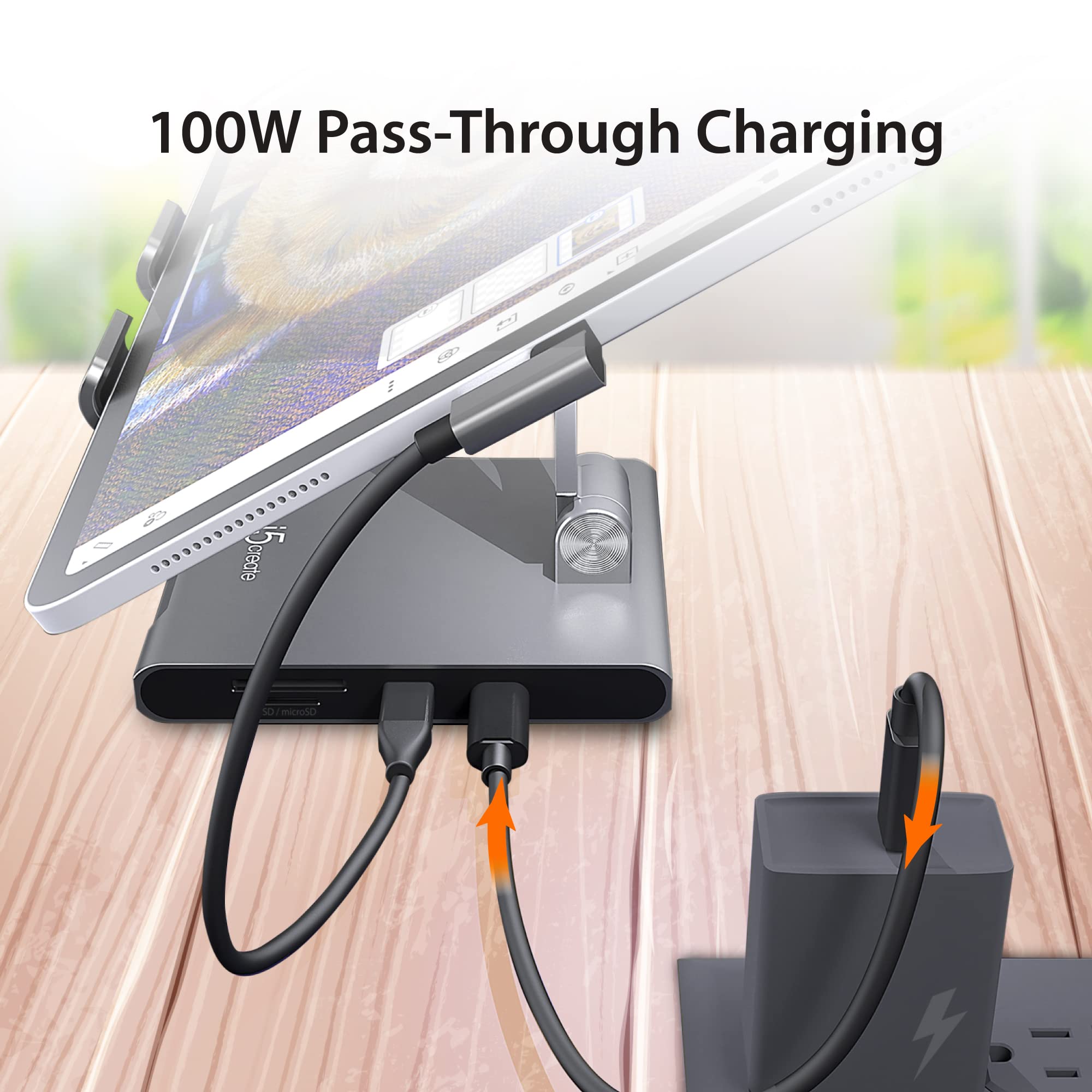 j5create Adjustable Tablet Stand with USB Type C Docking Station for iPad Pro/Air/mini : 4K60 HDMI, 2 x USB-A 5Gbps, 100W PD Charging, microSD/SD Card Reader, 3.5mm Audio Jack (JTS224) 5