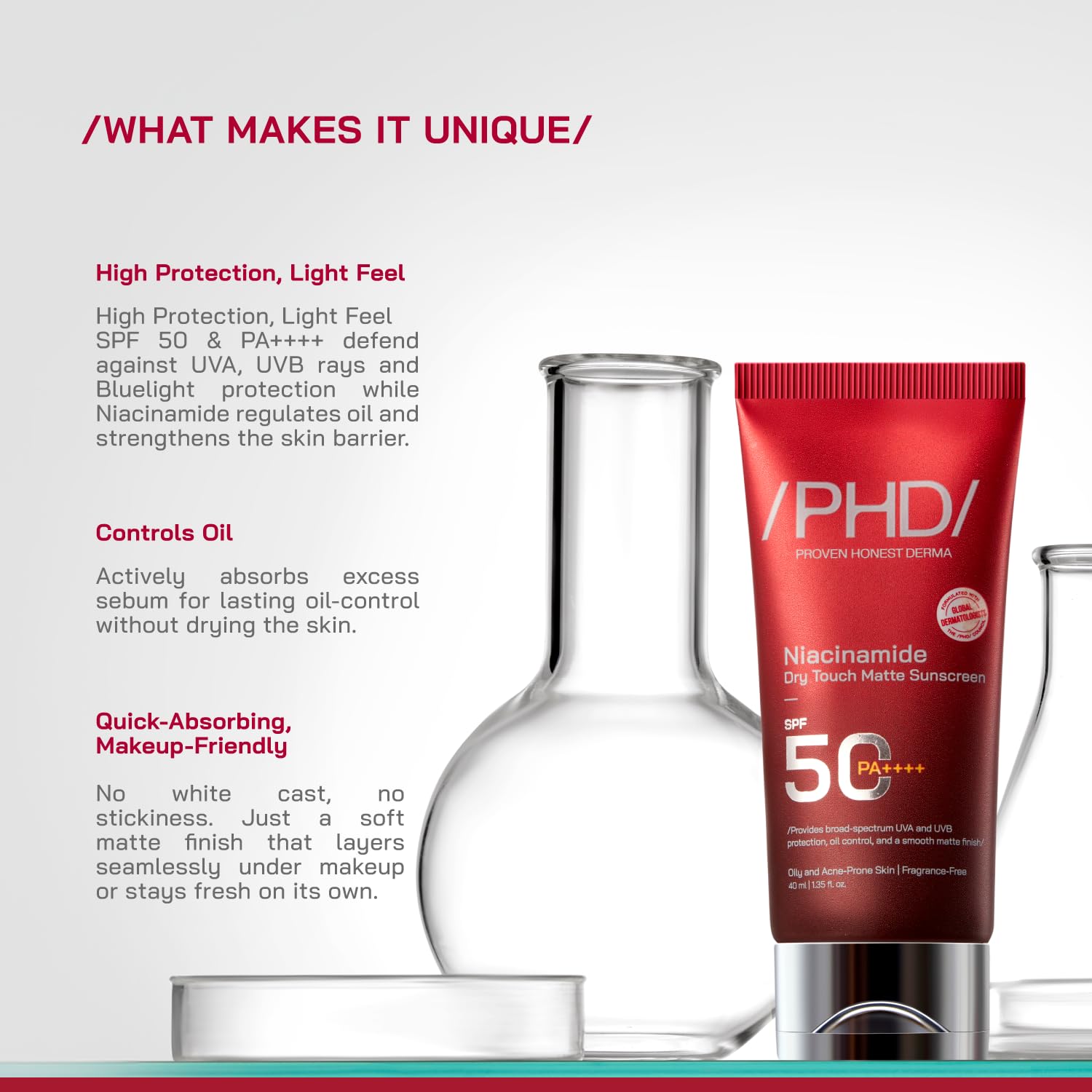 /PHD/Niacinamide Dry Touch Matte Sunscreen SPF50 PA++++ | Oil Control for Oily & Acne-Prone Skin | SPF 50 for Dry Skin | Broad Spectrum UVA UVB Protection | 40 ml 6