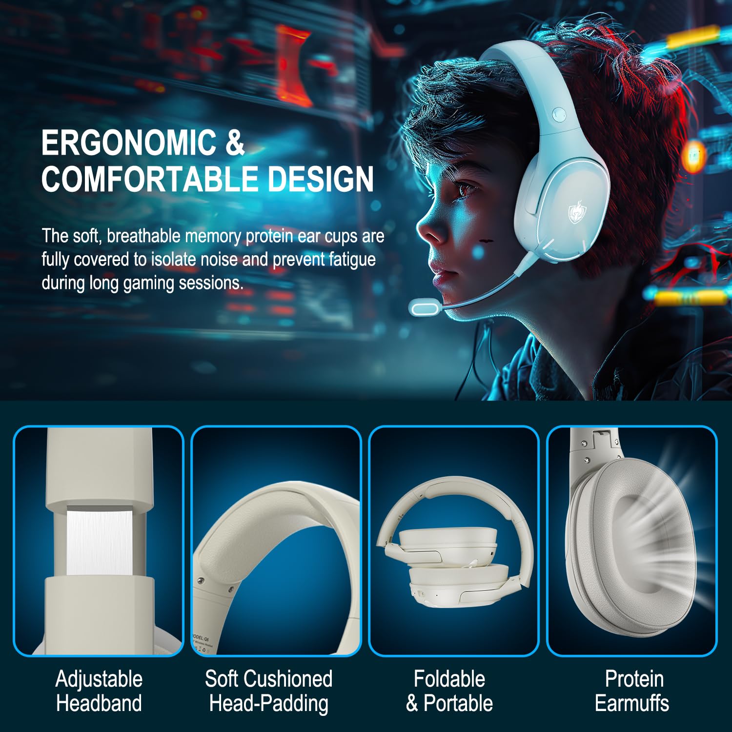 YOTMS Wireless PS5 Gaming Headset for PS4, PC, Switch, 2.4Ghz Wireless Gaming Over Ear Headphones with Mic, Bluetooth 5.3 Headphones with Stereo Sound, 40h Battery, for Laptop, Mac, Phone (White) 6