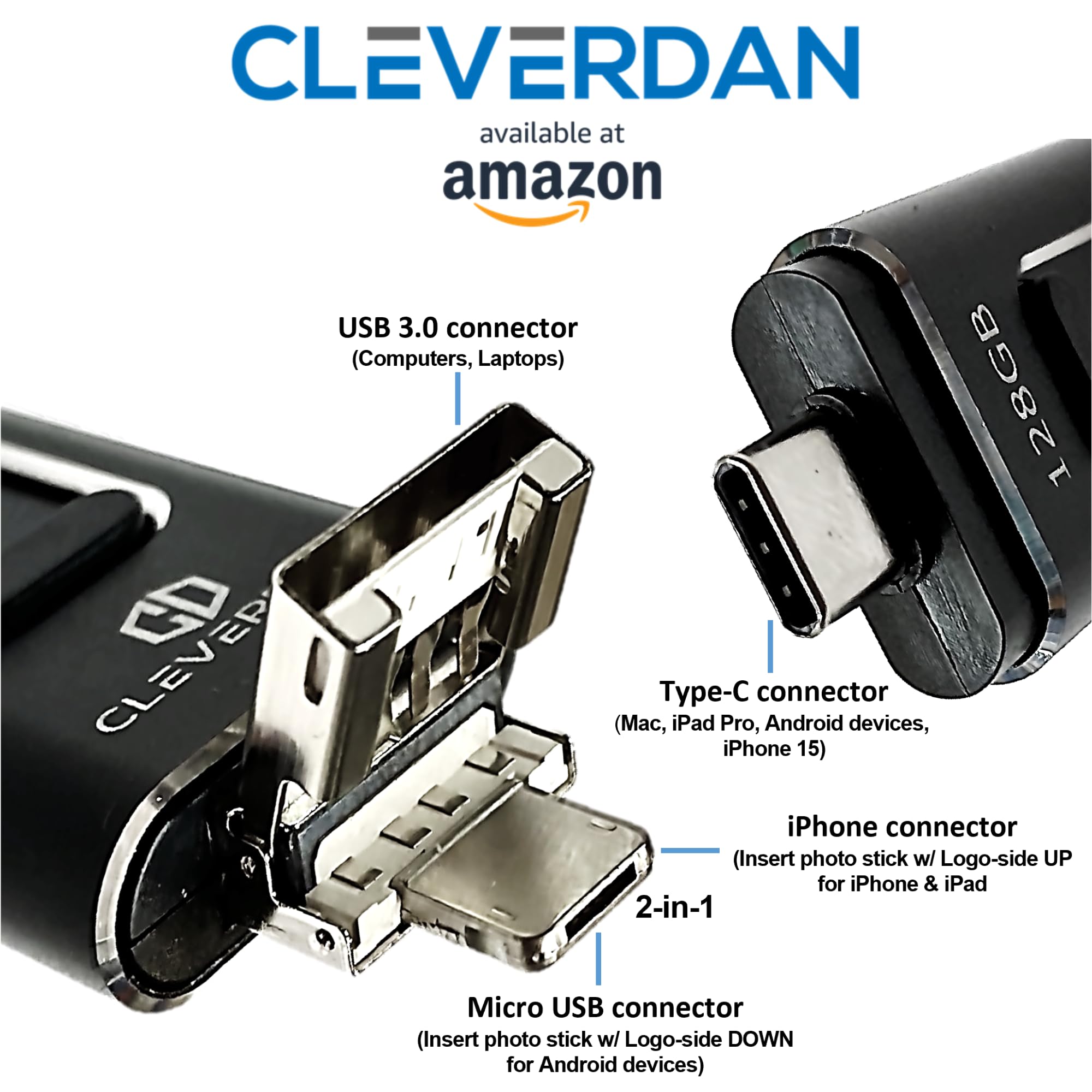 4-in-1 iPhone and Android 128GB Photo Stick USB 3.0 Flash Drive - Compatible with All Your Devices! iPhone iPad Samsung Moto Pixel PC Mac (Easy Backup & External Storage + Certified iOS App) Cleverdan 2