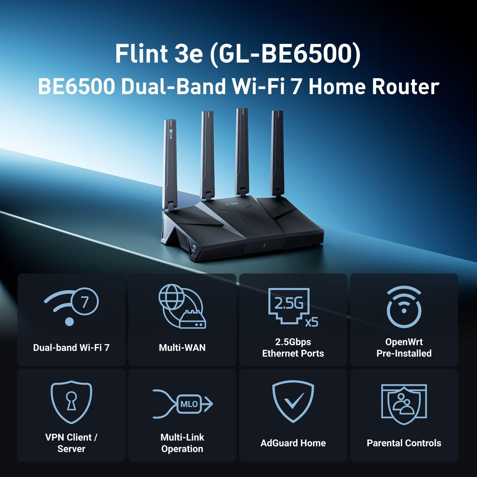 GL.iNet GL-BE6500 (Flint 3e) WiFi 7 Router, High-Speed WiFi Router for Wireless Internet w/VPN, 5 x 2.5G Ethernet Port for Fiber Optic Modem, Long Range Large Home, Business & Gaming Computer Routers 3