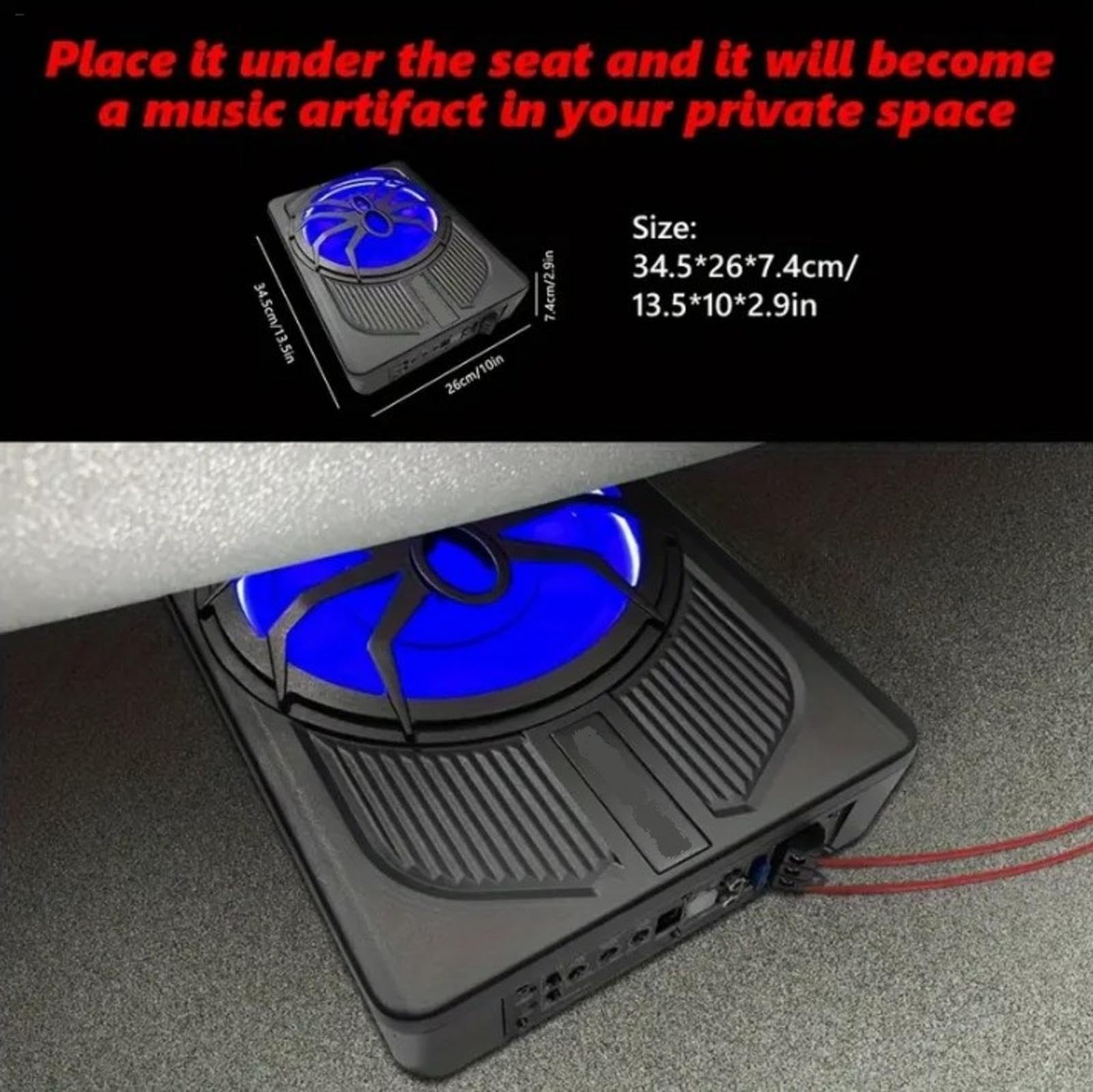 800W Ultra-Thin Underseat Subwoofer with Built-in Amplifier – Powerful Bass, 4 Ohm, 12V Blue LED Light for Car & Truck Audio, Easy Install & Deep Sound Boost 5