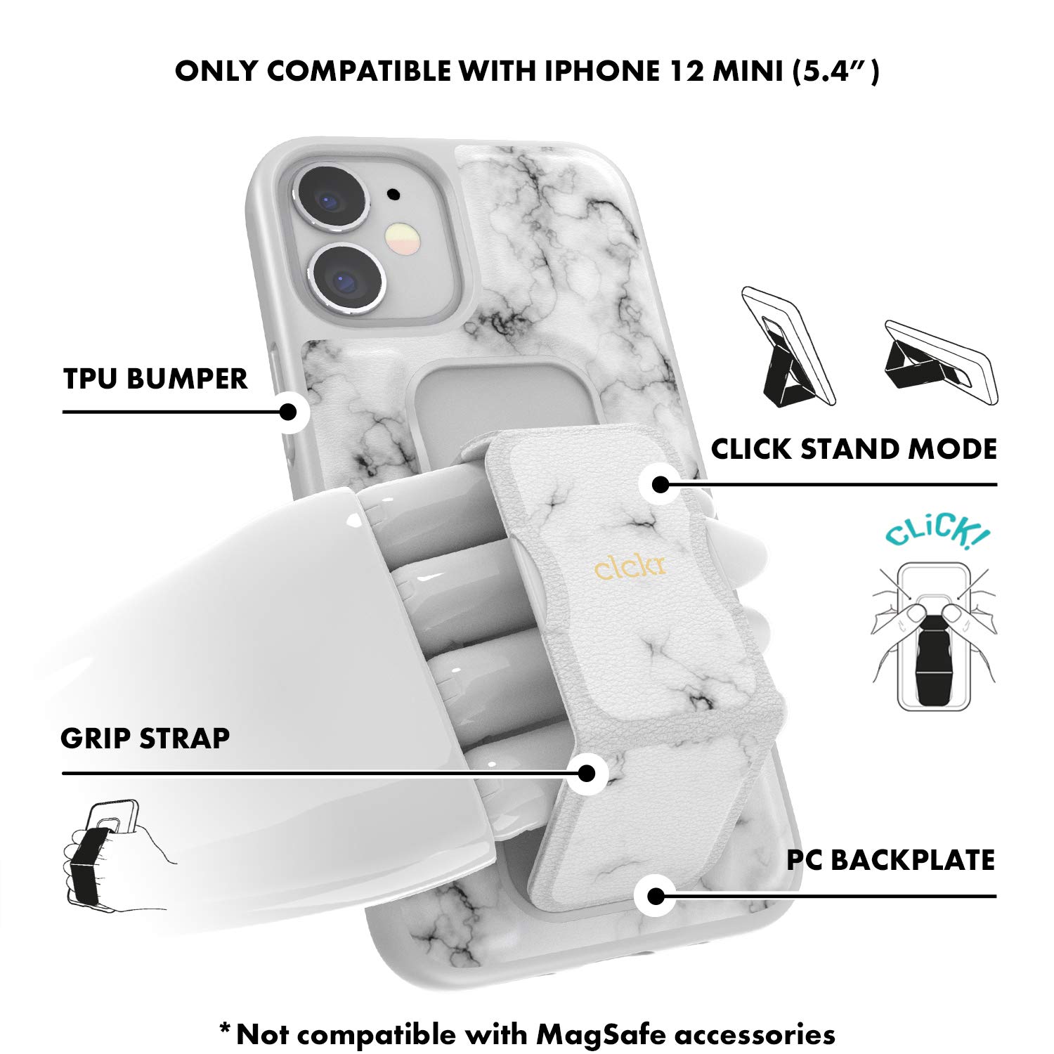 CLCKR Compatible with iPhone 12 Mini Case with Phone Grip and Expanding Stand, iPhone 12 Mini 5.4 Cover with Phone Grip Holder and Kickstand, Shockproof Design, Raised Edges, White Marble 3