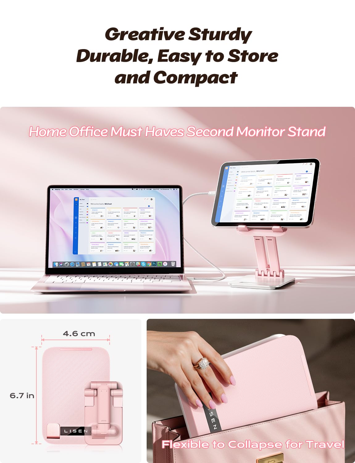 LISEN Pink Desk Accessories for iPad Office Supplies Desk Decor for Women Gifts, for Him Tablet Stand Vanity Accessories Video Face Time Free Hands for ipad Switch 4