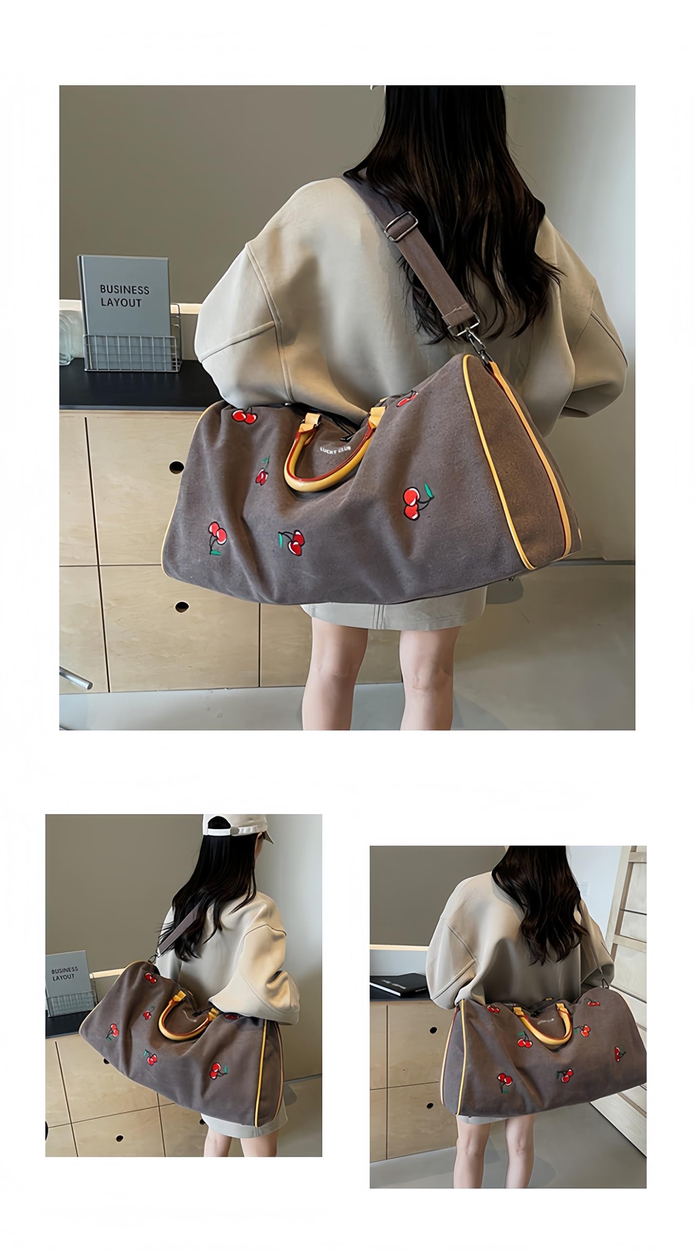 Cherry Print Travel Organizer Bag – Large Capacity Stylish Luggage Tote, Essential for Home and Travel, Fits on Trolley Handles (Coffee Color) 5