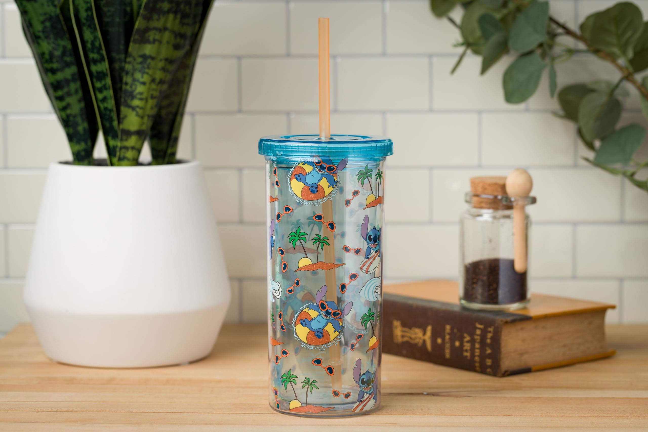 Silver Buffalo Disney Lilo and Stitch Beach Island Stitch in Floatie Swim Ring Plastic Glitter Cold Cup with Lid and Straw, 20 Ounces 4