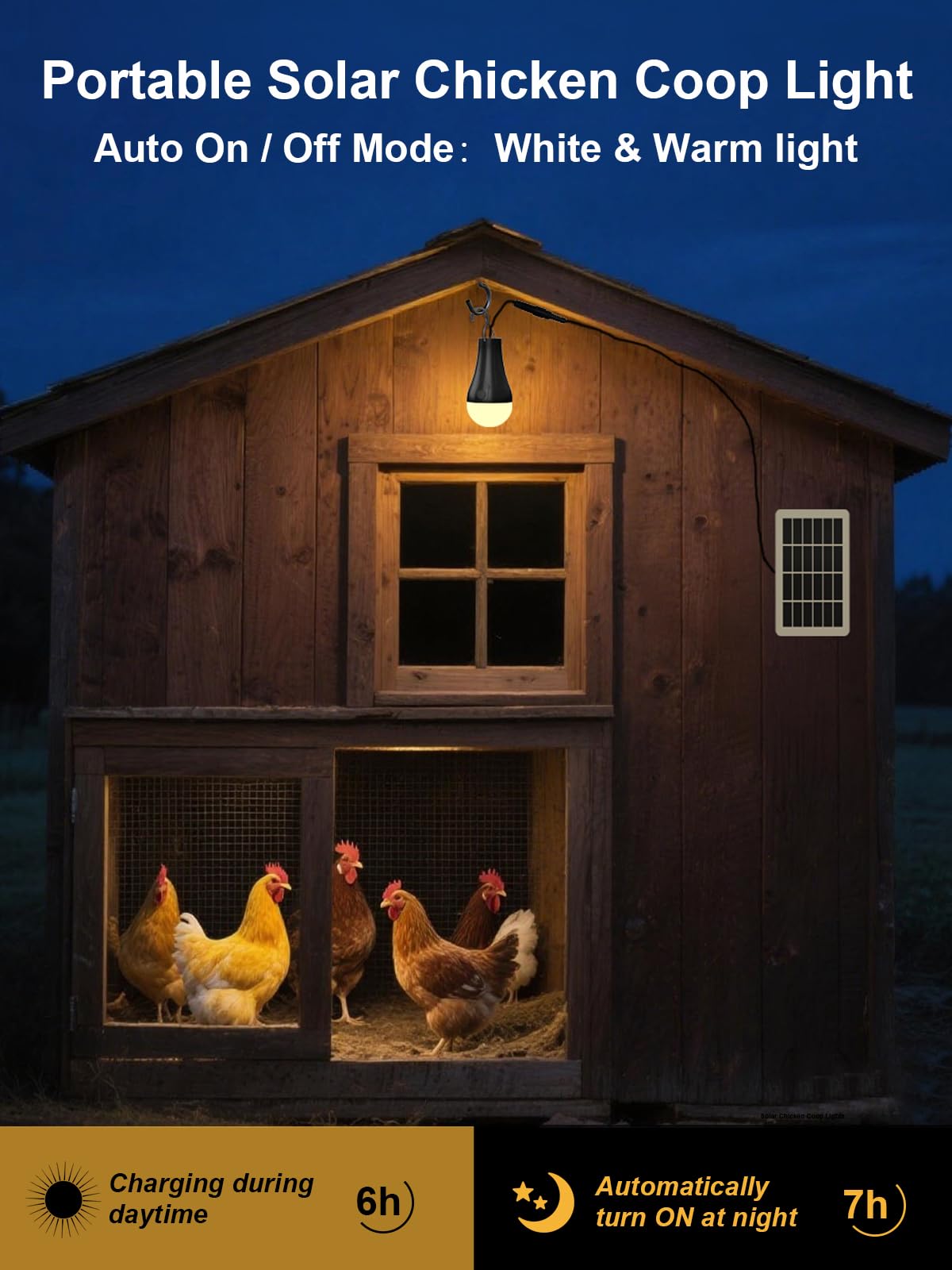 LOTOFIT Portable Solar Light Bulbs Outdoor Waterproof, Dusk to Dawn Solar Chicken Coop Lights with 3CCT(3000K/4000K/6000K), 4 Lighting Modes for Indoor, Shed, Emergency, Chicken Coop Accessories 3