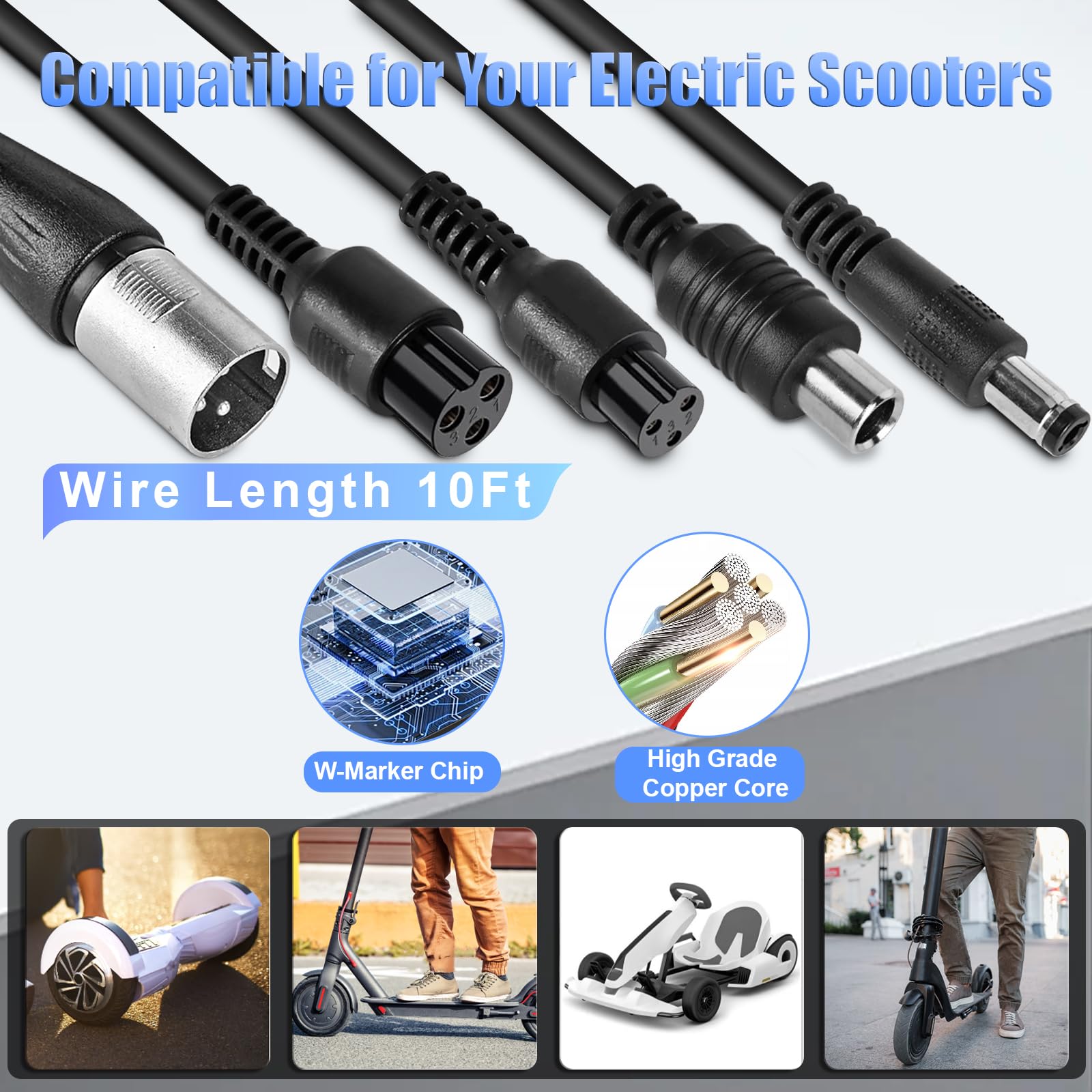 Carsty 42V Electric Scooter Charger UL Certified for 36V Lithium Battery 5 Plugs, Compatible with Gotrax, Jetson, Razor, Voyage, ninebot,Swagtron,Bird,Segway Electric Bike Scooters Ebikes 5