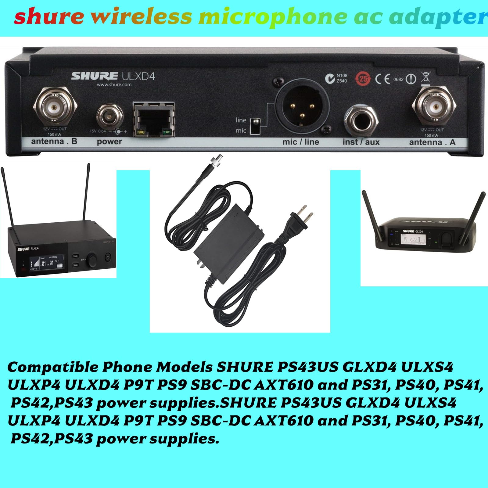 MSZLZTD 15V Power for shure Wireless Microphone ac Adapter, Compatible with ps43us shure Microphone Charger,for shure ulxd4 & for shure glxd4 and Compatible with shure glx Power Supply 3