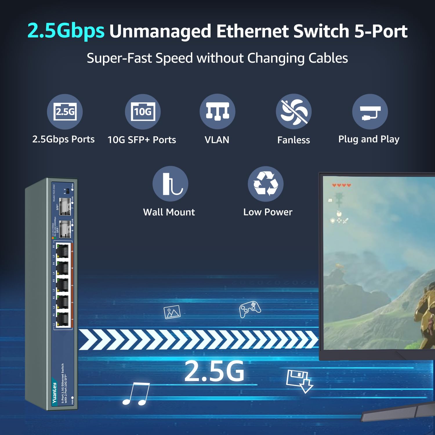 7 Port 2.5G Unmanaged Ethernet Switch, 5 x 2.5G Base-T Ports, 2 x 10G SFP, Compatible with 100/1000/2500Mbps, VLAN, Fanless, Desktop/Wall Mount YuanLey 2.5Gbe Network Switch for Wireless AP, NAS, PC 3