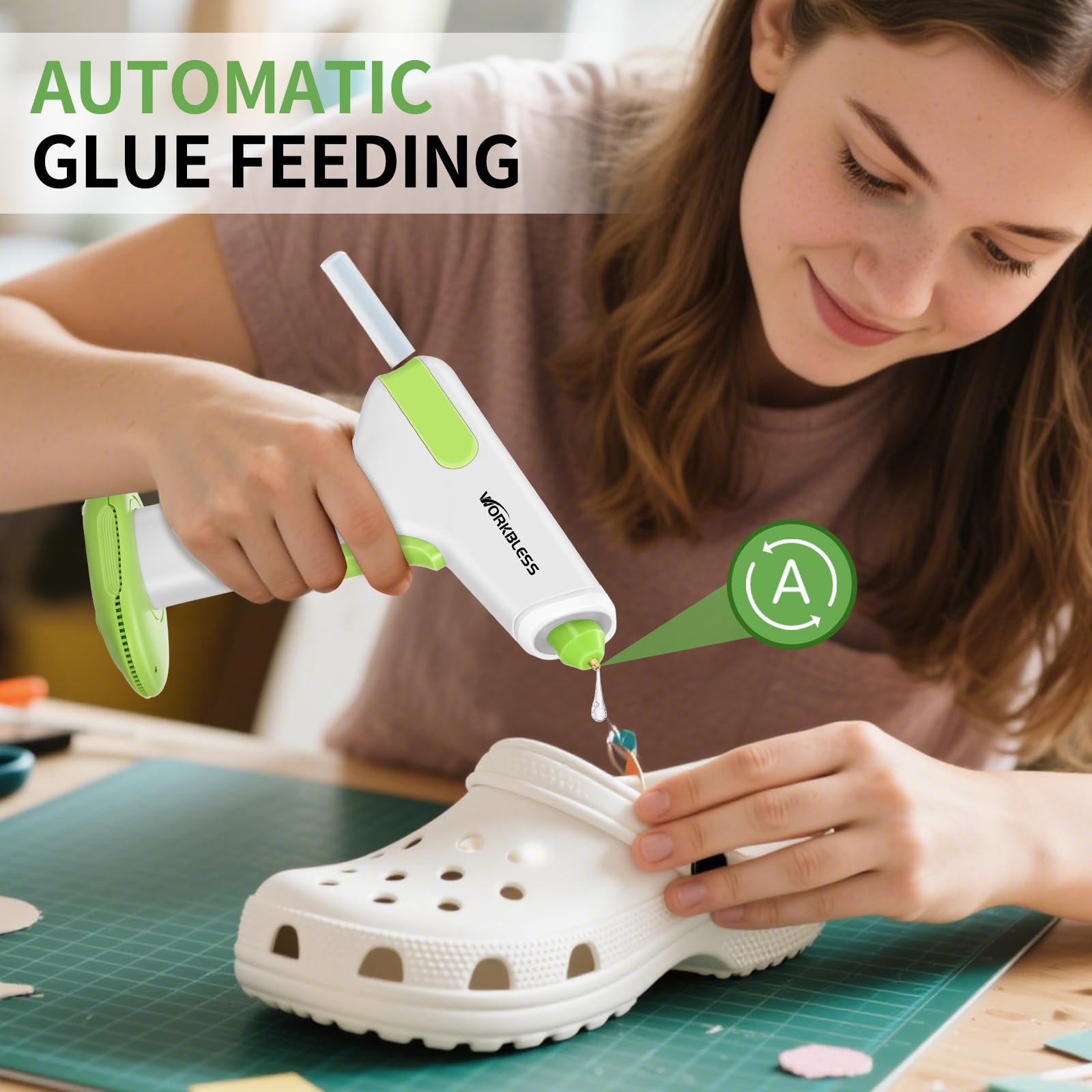 WorkBless Cordless Hot Glue Gun with 20 Glue Sticks & Leak-Proof Nozzle, 2-3 Min Fast Heating, 2900mAh Rechargeable Battery for DIY Crafts, Home Repairs, Woodworking & Art Projects 3