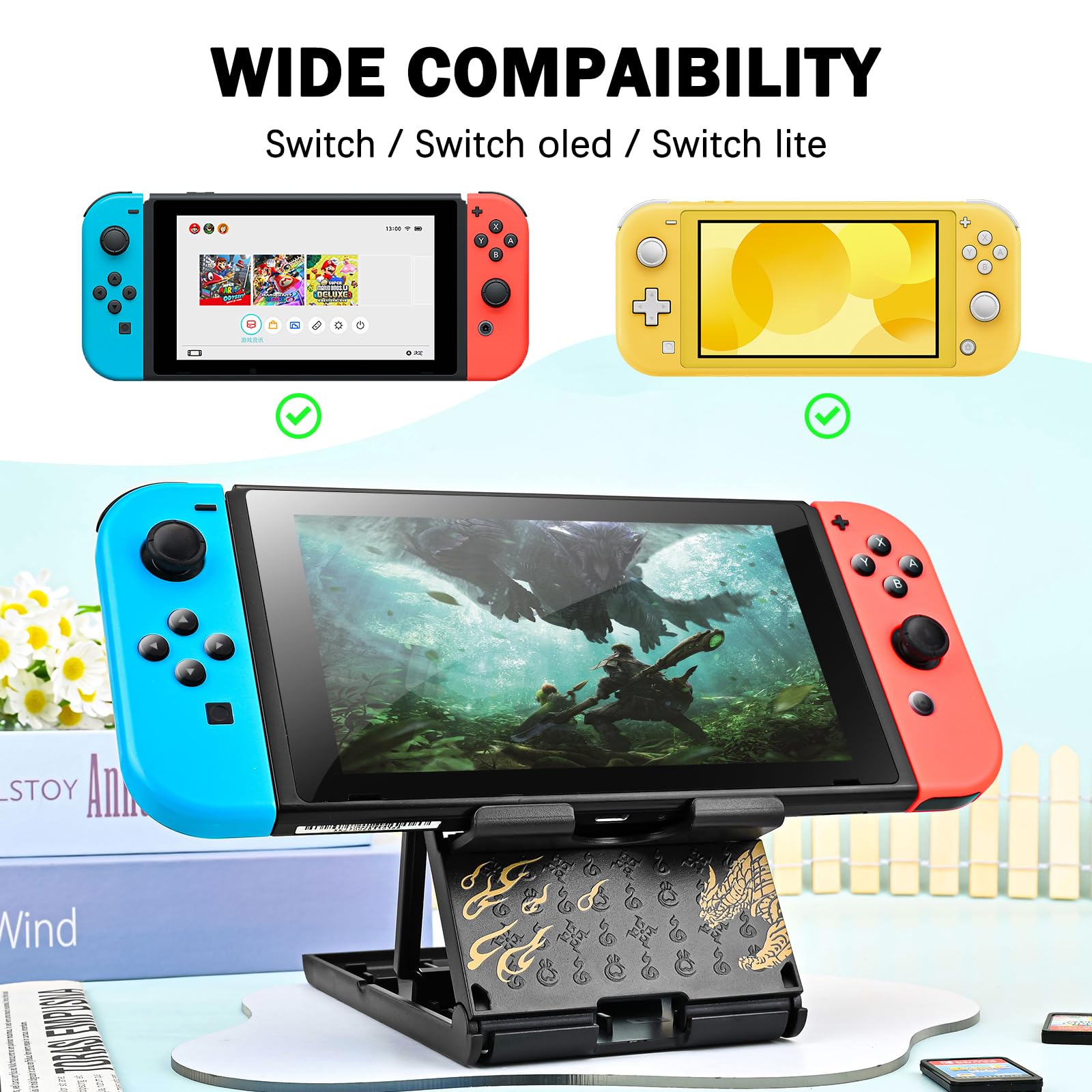 DLseego Switch Stand Suitable for Switch/Switch OLED/Switch Lite, Cute Cool Analog Angle Adjustable Holder Kickstand, Portable Foldable Non-Slip Non-Shake Anime Bracket - Black Gold 4
