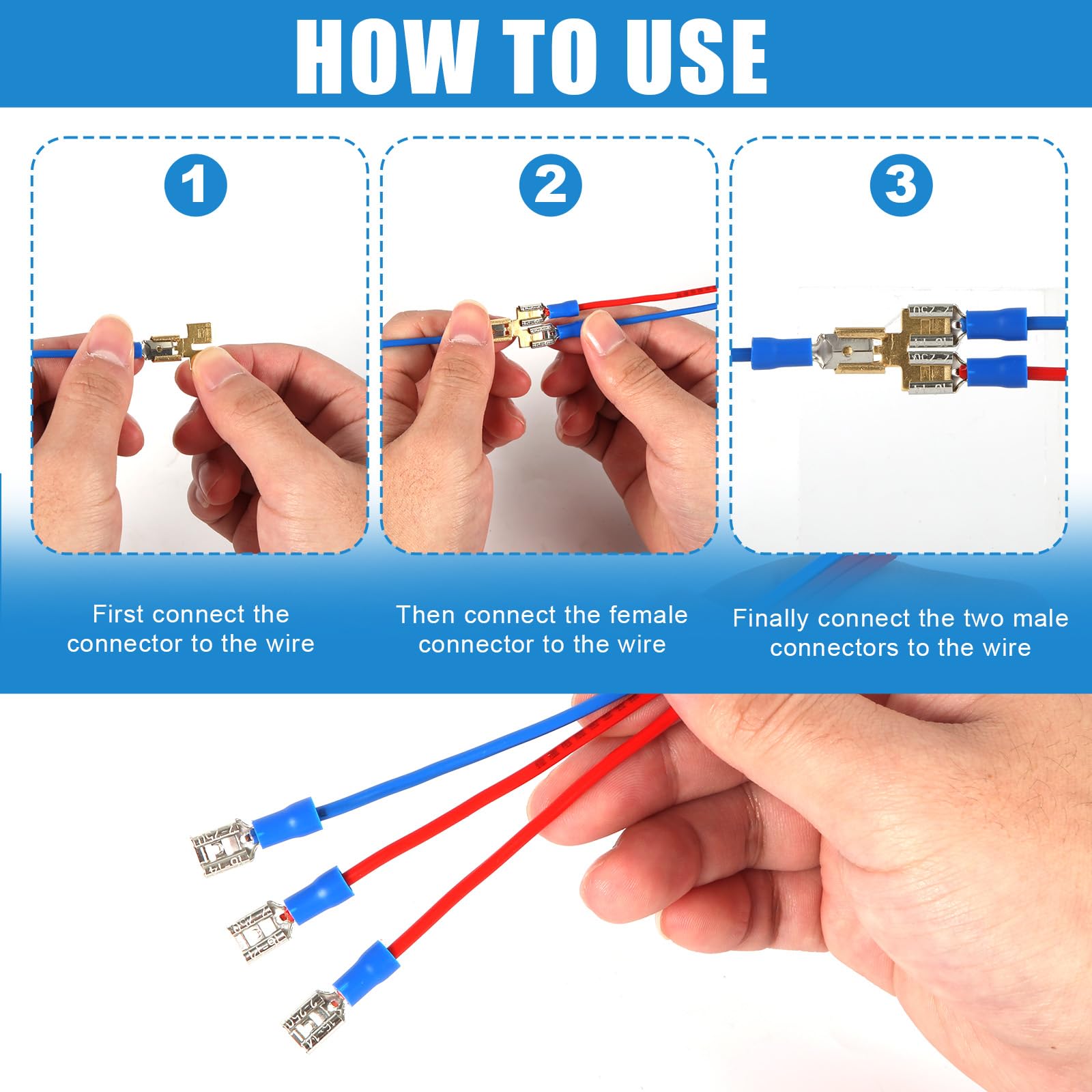 60pcs Spade Terminal Splitter, Quick Disconnect Insulated Double Male Tab Single Female Slip on Spade Piggyback Connector Electrical 2 Way Splitter for Automotive Dual Spade Connector 1/4in Blade 6