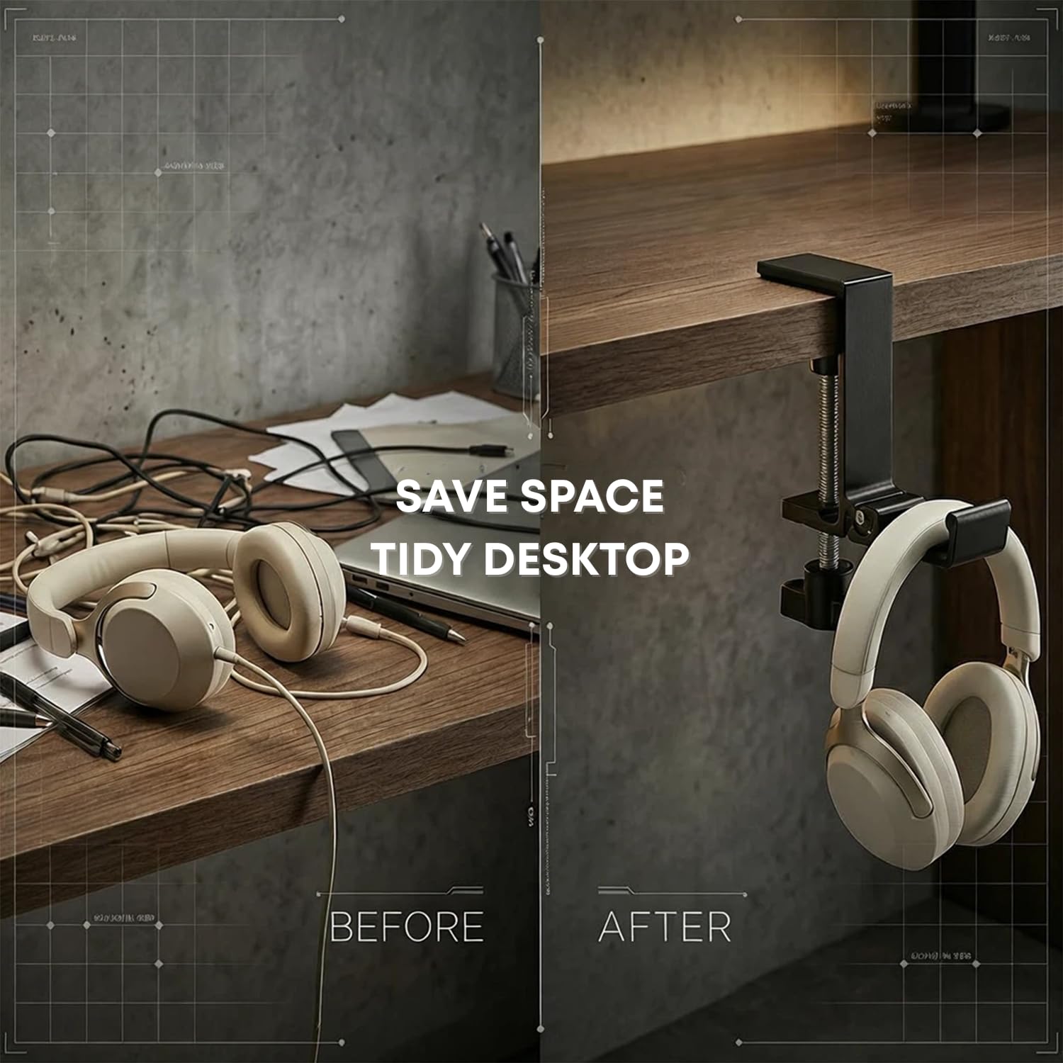 JAKO Headphone Stand for Desk, Aluminum Alloy Foldable Headphone Holder - Headset Stand Hook Mount, PC Gaming Headset Holder Under Desk Clamp for Office, Computer, Student Class Table, Handmade Table 4