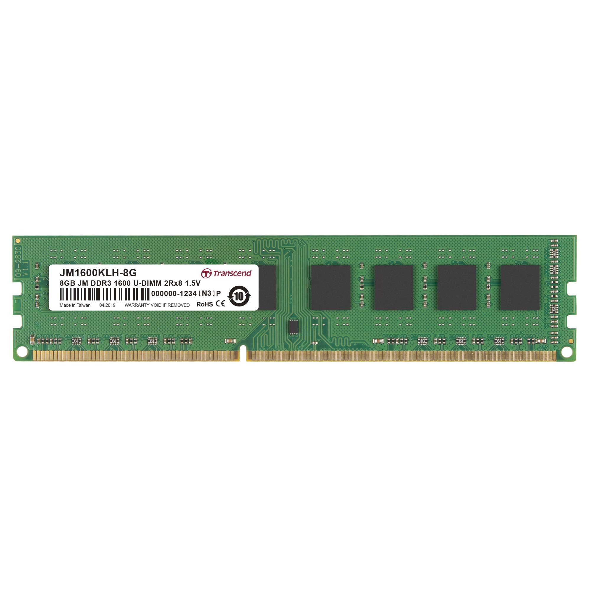 Transcend 8GB DDR3 1600 U-DIMM 2Rx8 1.5V, RAM, CL11, Non-ECC High Performance, Unbuffered, PC Desktop Memory Module - JM1600KLH-8G