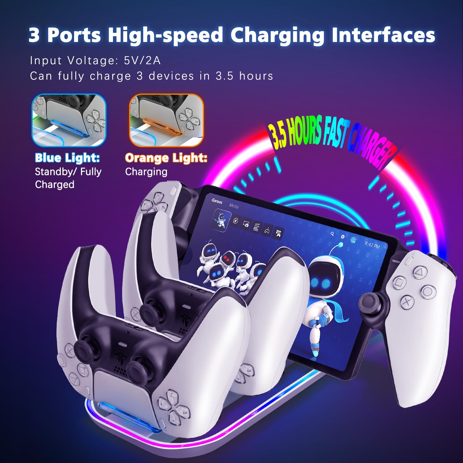 Charger Station for PlayStation Portal, Charging Dock with with 14 RGB Light & USB Type C Cable, Charge Base Holder for PS5 Controller & PlayStation Portal Remote Player Accessories (White) 4