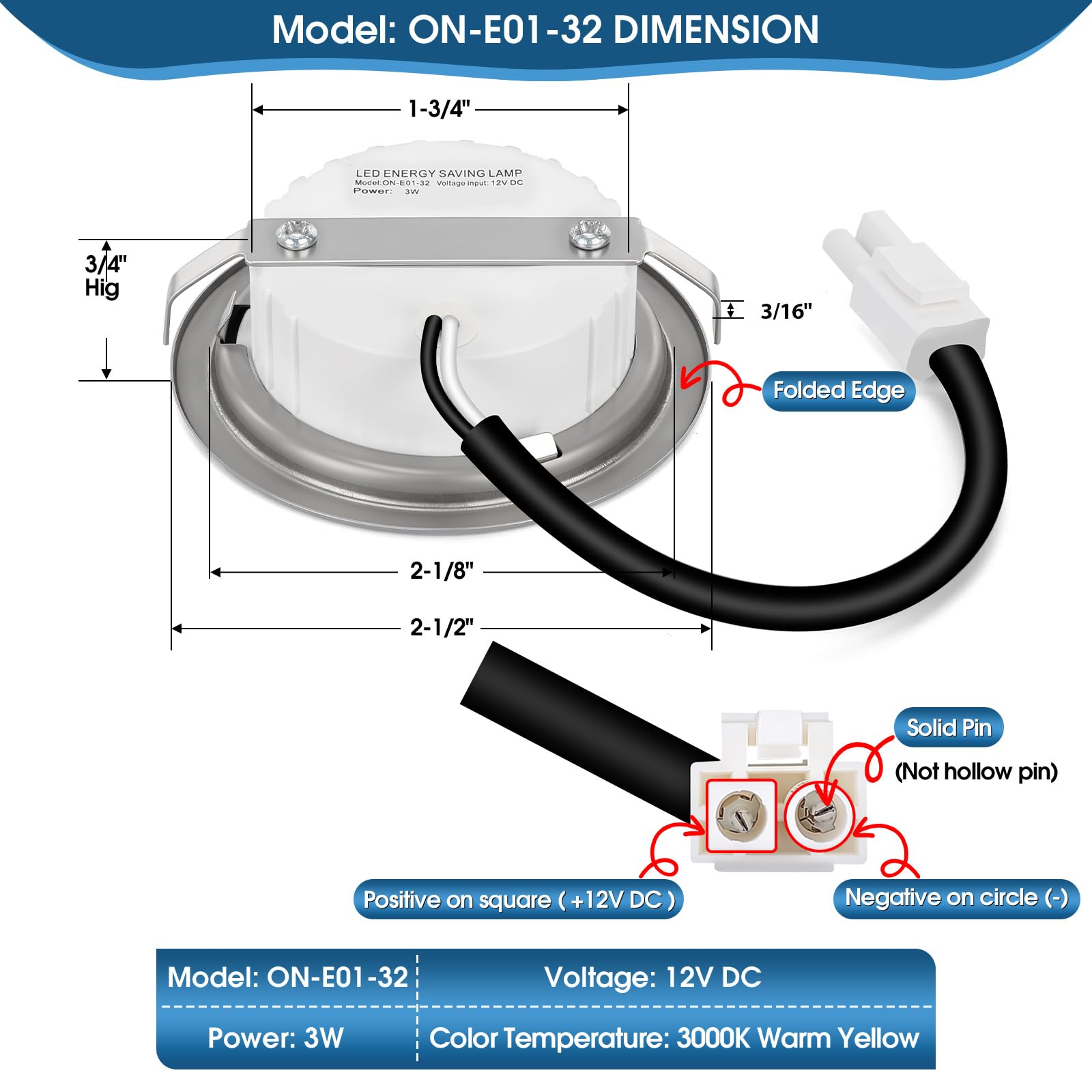 ON-E01-32 Range Hood Light Bulbs Replacement, 12V DC 3W Cooker Hood LED Light Bulbs, Energy Efficient, Long Lifespan, Heat-Resistant Aluminum for Better Heat Dissipation, 3000K Warm Yellow, 2-Pack 3