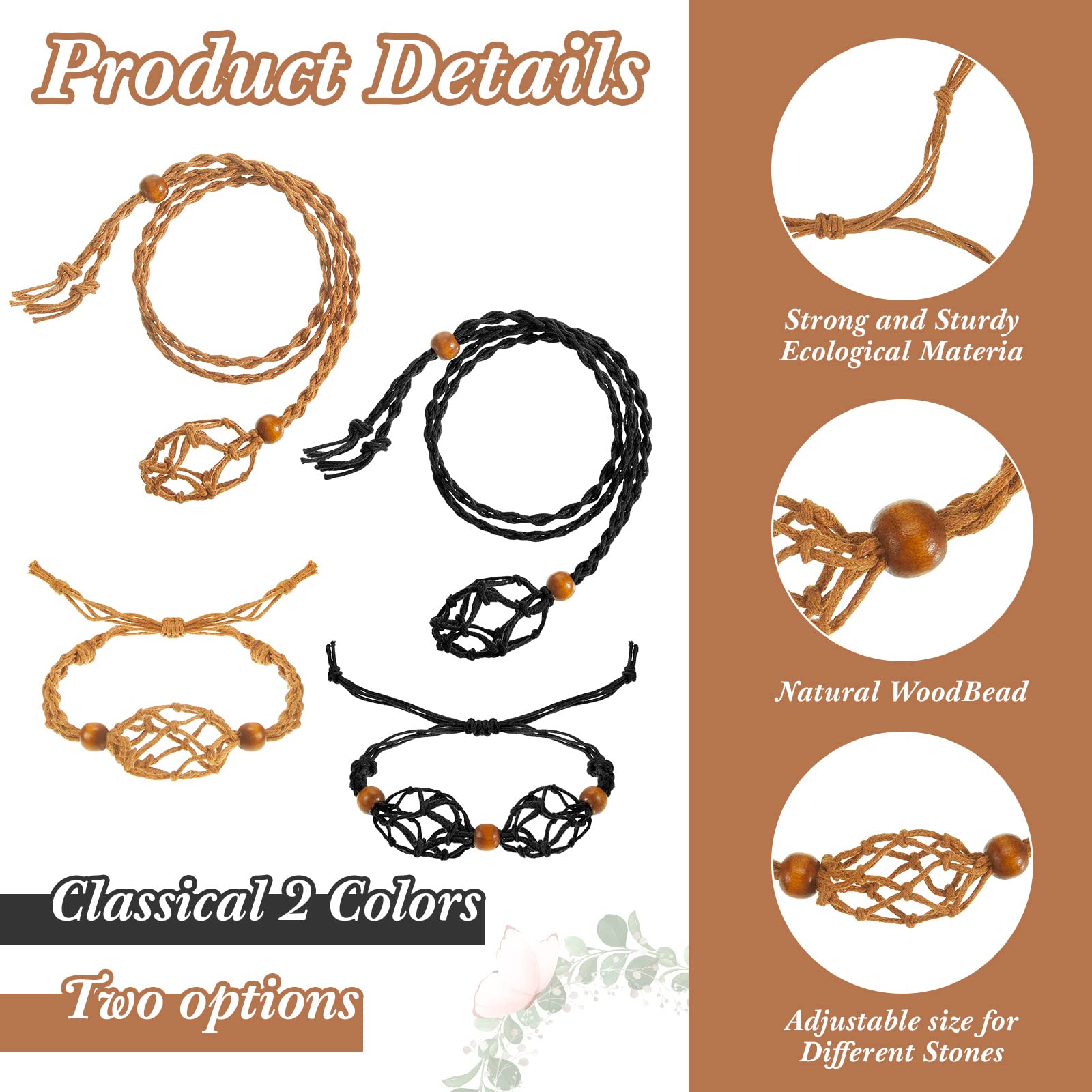 Fabbay 8 Pcs Adjustable Crystal Necklace Holder and Bracelet Set Crystal Cage Necklaces Empty Bracelet Holder Quartz Stone Cage Cords for DIY Jewelry Making Gift Supplies, Black and Brown 4