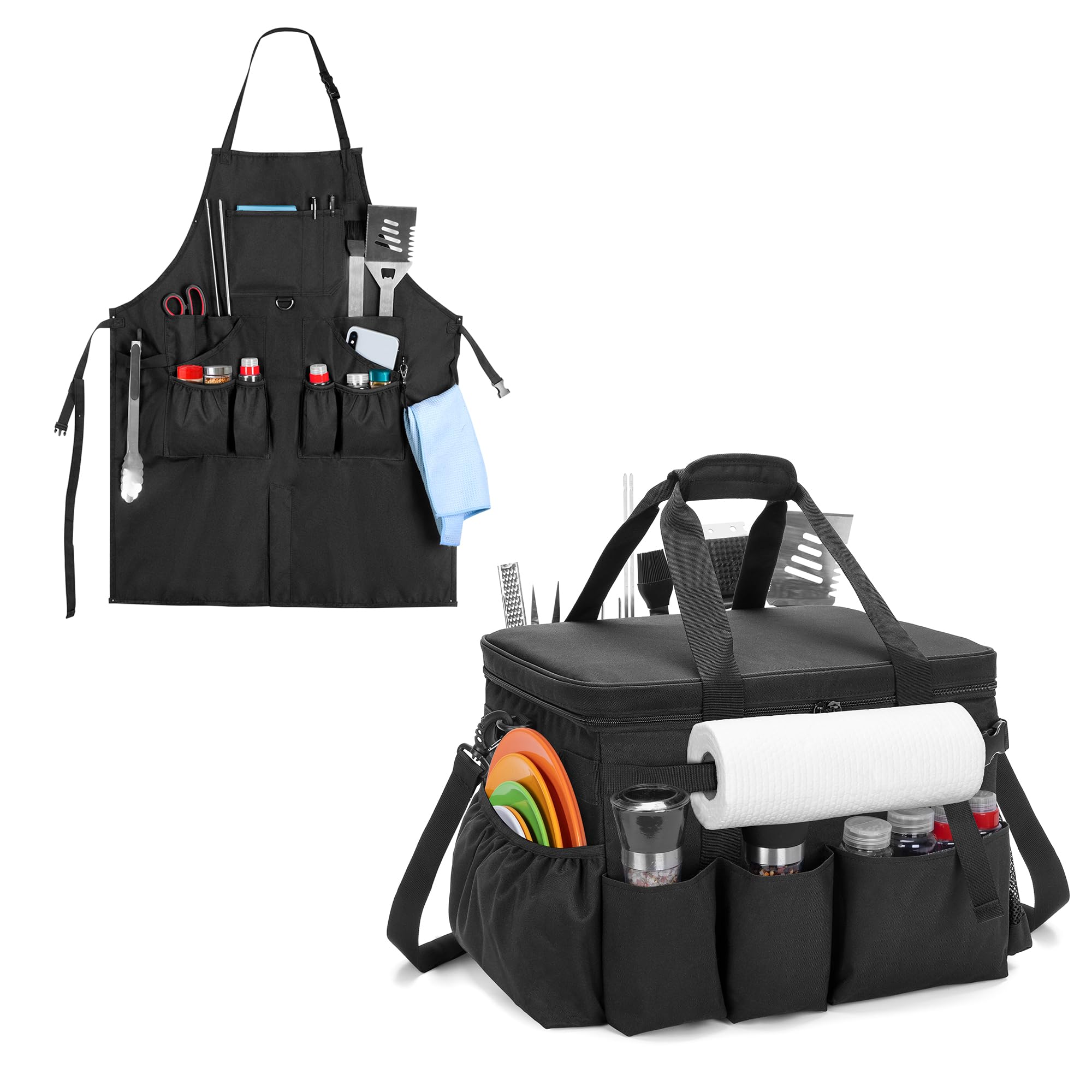 HODRANT Large Grill Caddy & Large BBQ Grilling Apron, BBQ and Picnic Bag Organizer with Lid & Paper Towel Holder & Cooking Apron for Men with Pockets & Slit Hem for BBQ Supplies Tool