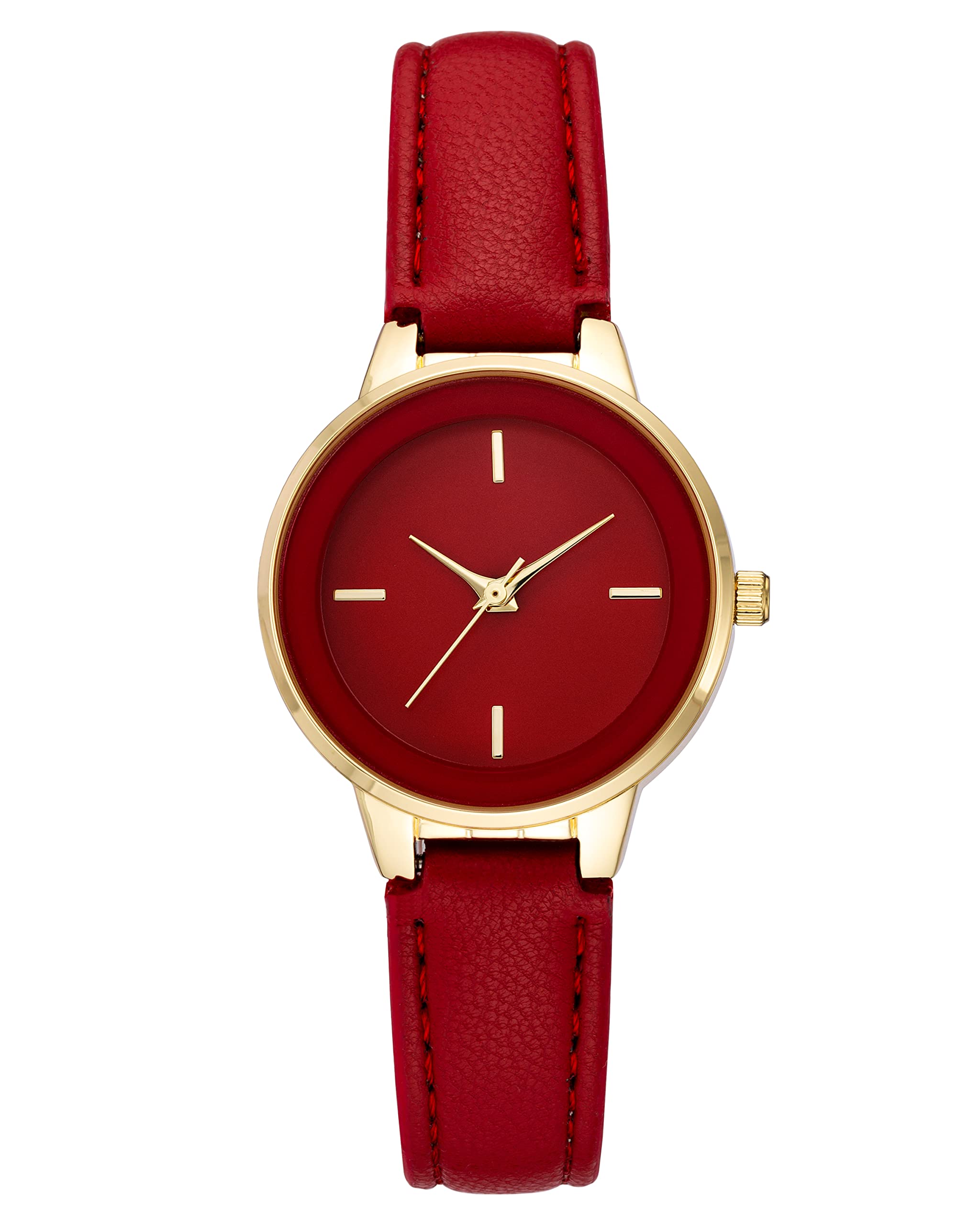 Amazon Essentials Women's Faux Leather Strap Watch, Dark Red/Gold 1