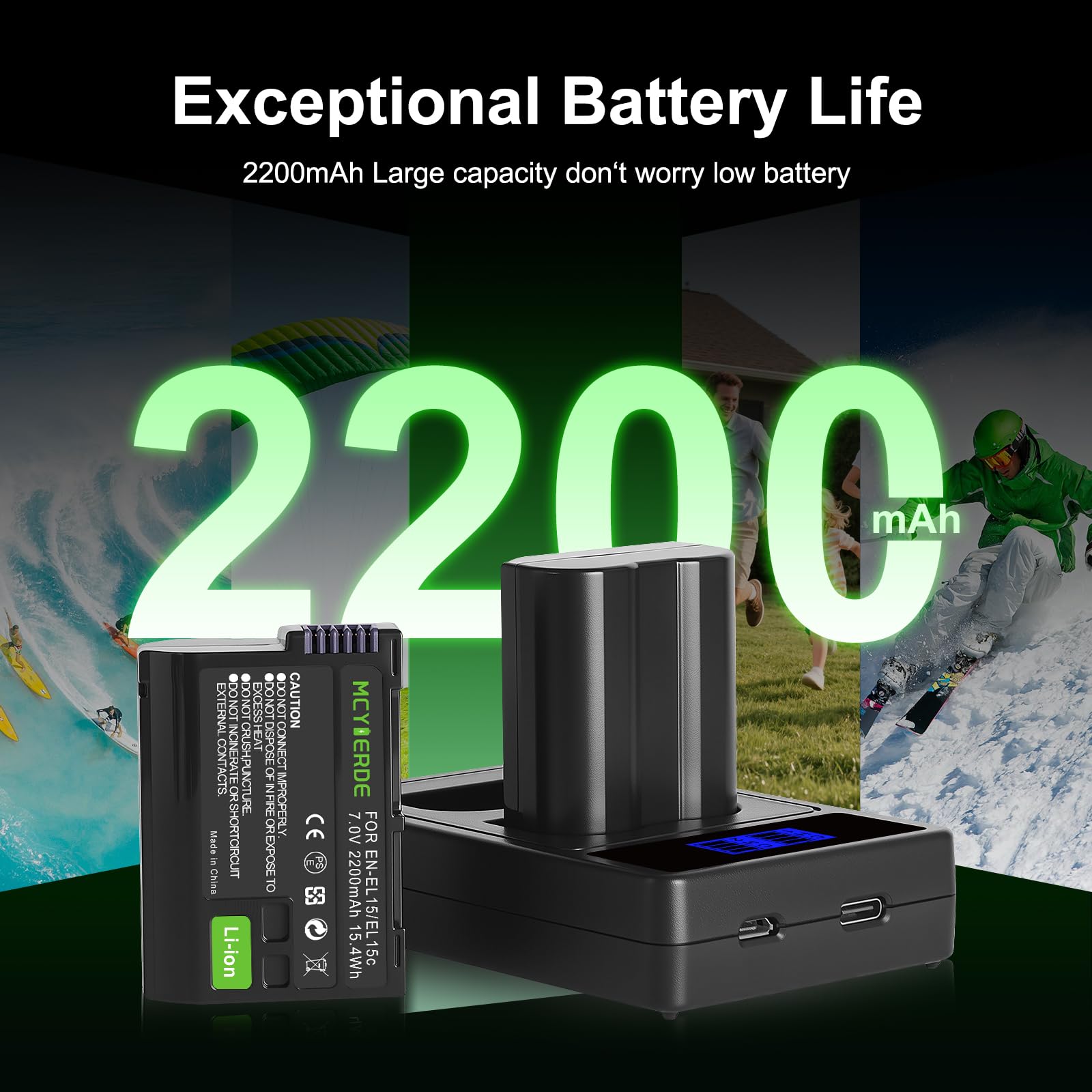 2-Pack EN-EL15 EN-EL15a Battery with Dual USB Charger Compatible with Nikon Z6 Z7 D750 D850 D7000 D7100 D7200 D7500 D500 D600 D610 D780 D800 D800e D810 D810a Cameras 5