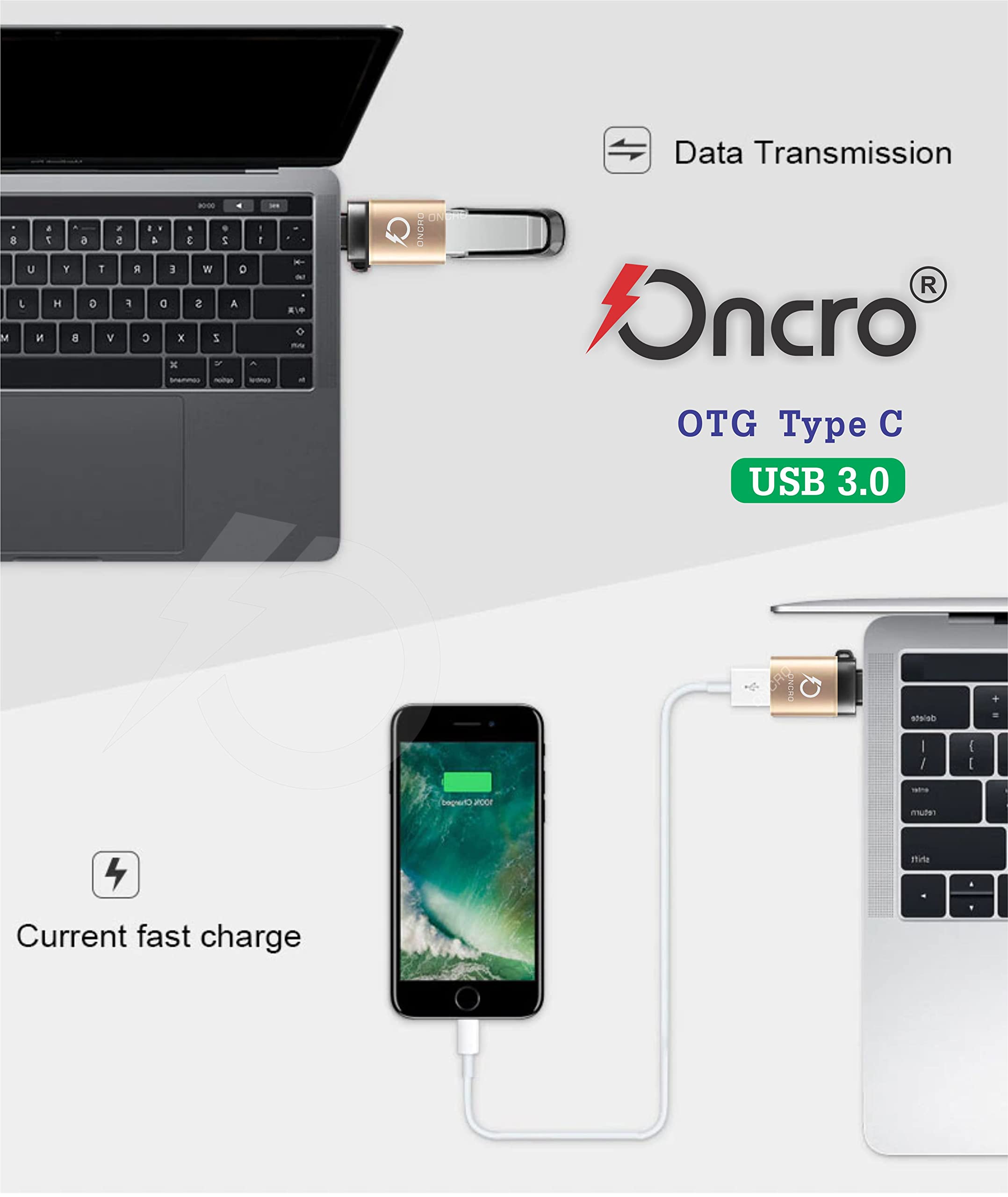 ONCRO® Gold type c otg adapter 3.1 mobile connector with Thread Metal High-Speed Female USB A to USB C Male OTG Adapter Converter for Laptop Mobile C Type Devices with OTG 4