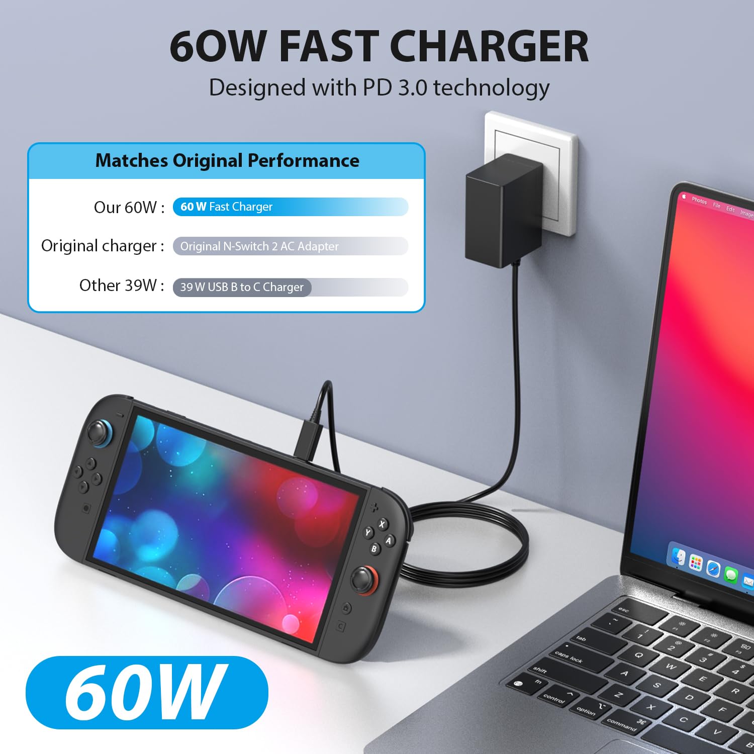 Switch 2 Charger - 60W AC Adapter for Nitendo 2(2025) with 6.6FT Long Cable, Support 4K TV Dock, PD 3.0 Fast Charging Power Supply 20V/3A Accessories [Official Switch 2 Charger Replacement] 4