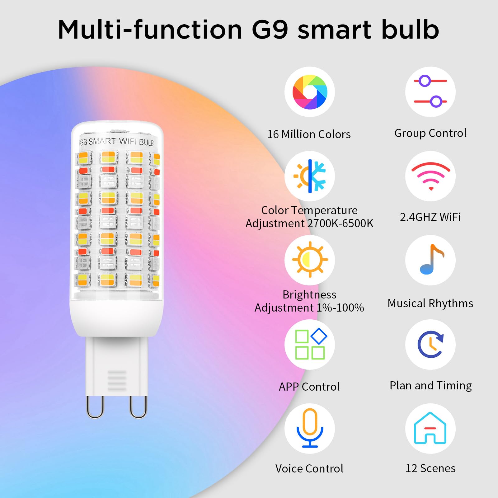 I-SHUNFA Wi-Fi RGBCW Smart G9 LED Bulbs,Compatible with Alexa/Google Home,Multicolour Dimmable,2700K-6500K,AC 120V 4W,400LM Brightness Adjustable 1%-100%,with Musical Rhythm LED Light Bulb,3 Pack 3