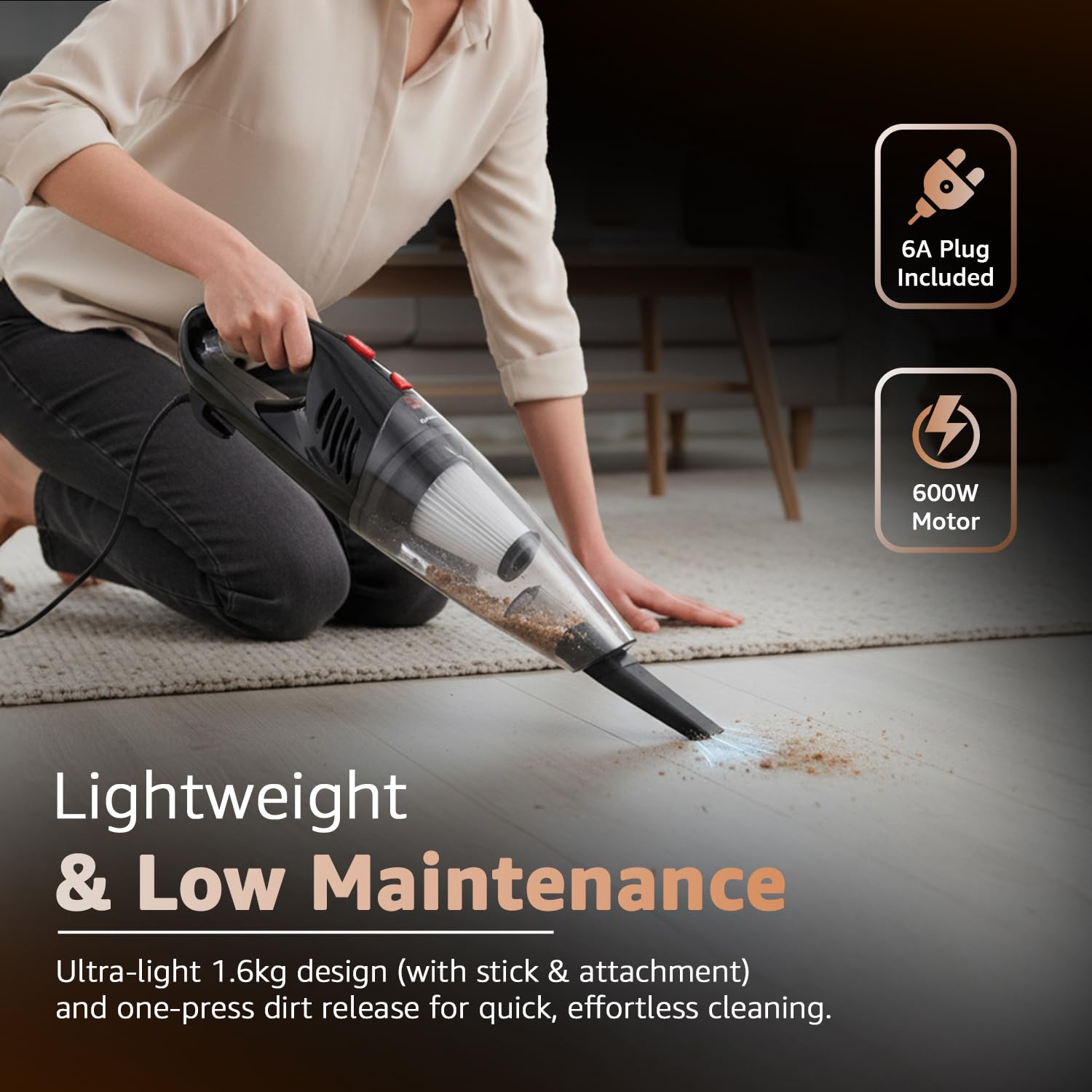 Amazon Basics - 2-in-1 Convertible Stick Vacuum Cleaner | 600W | 5 Attachments Included | Bagless Washable Filter, Strong Suction | 4.9 m Cord | 0.8 L Capacity | 12.5 kPa Suction | 103L*10.5W*12.5H cm 5