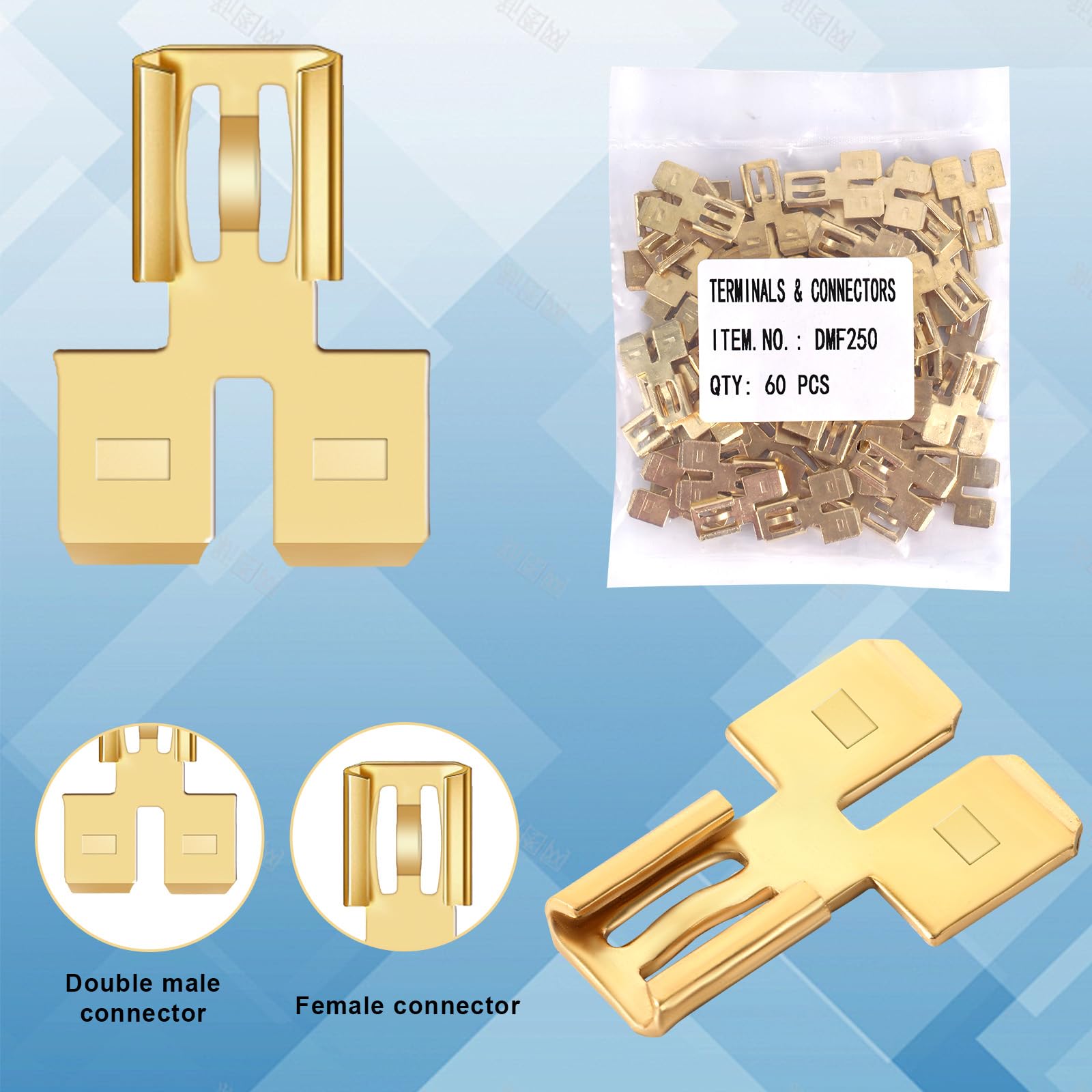 60pcs Spade Terminal Splitter, Quick Disconnect Insulated Double Male Tab Single Female Slip on Spade Piggyback Connector Electrical 2 Way Splitter for Automotive Dual Spade Connector 1/4in Blade 4