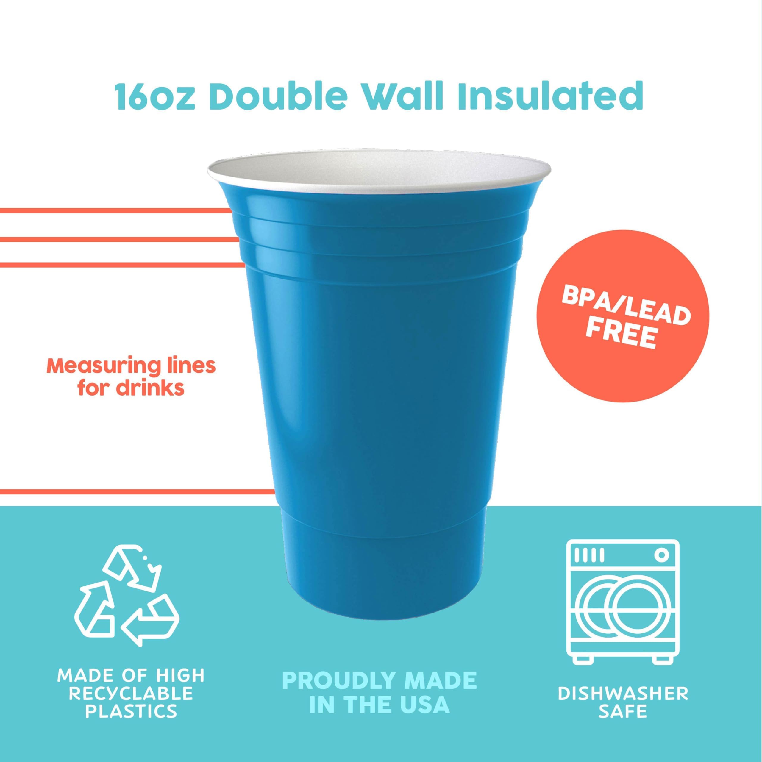Sili Wraps Party Cups, 16 oz Plastic Cups Reusable, Durable & Unbreakable Double Wall Insulated Pint Cup For Hot & Cold Drinks, Dishwasher Safe, Made in the USA, Set of 5 Cups, Nautical Blue 3