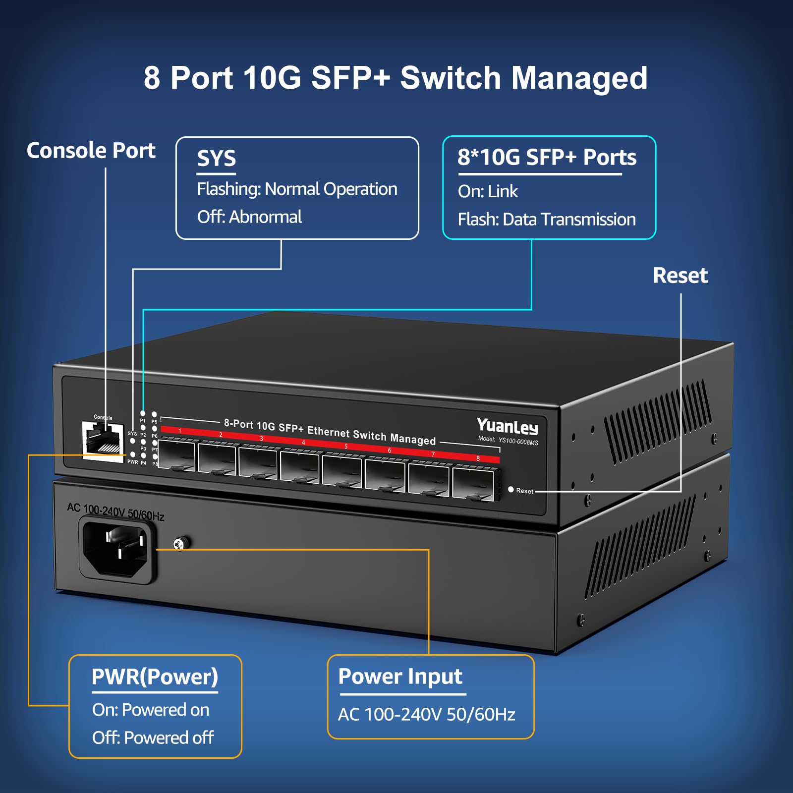 YuanLey 8 Port 10G Managed SFP Switch, 8X 10Gbps SFP+, L3 Smart Managment Ethernet Switch, Link Aggregation, VLAN, QoS, ACL, Rackmount 10Gbe Multi-gig Network Switch, Metal Case, 160Gbps Bandwidth 4