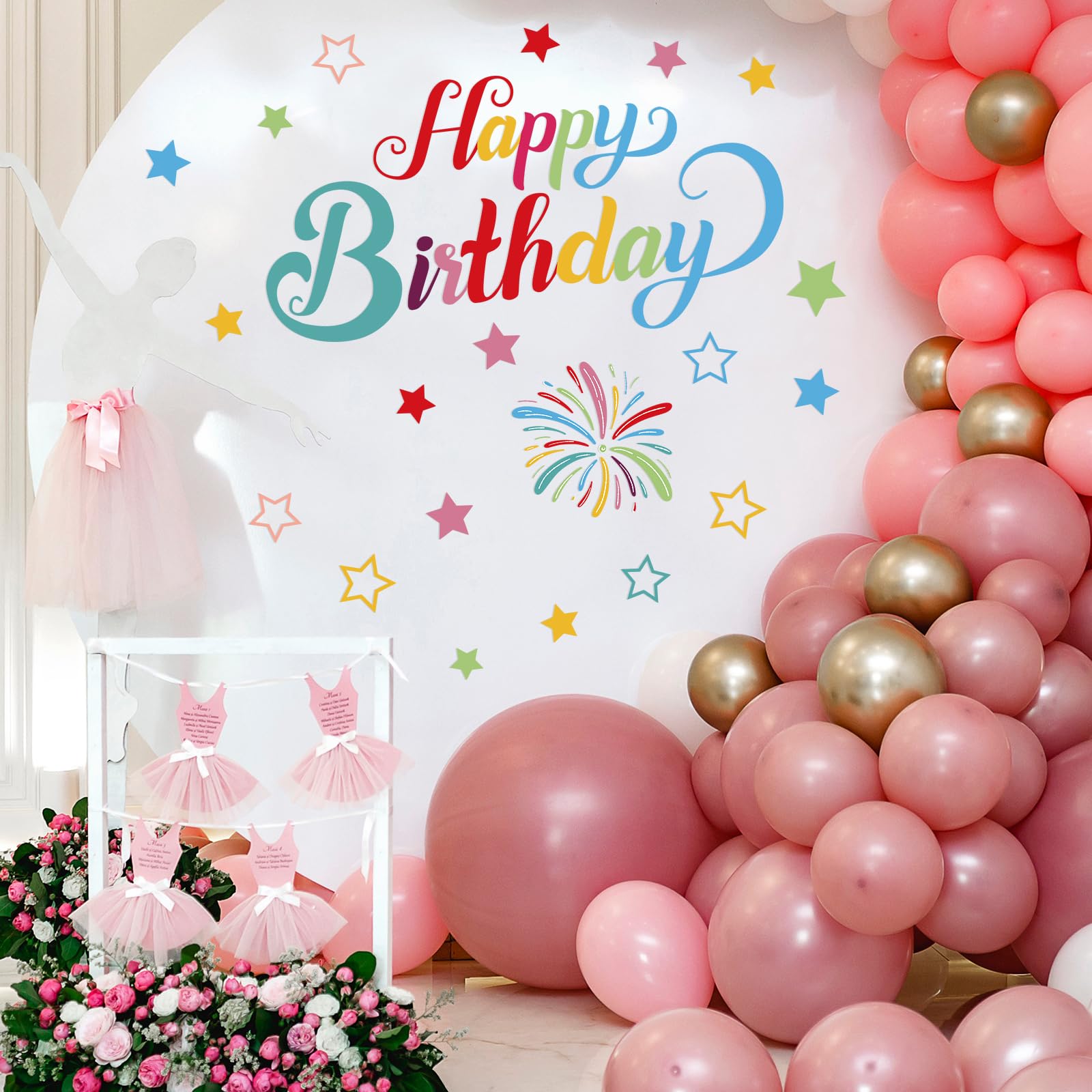 Memorywuu Happy Birthday Sign for Arch Backdrop with Fireworks and Star Happy Birthday Party Vinyl Decal Large Happy Birthday Backdrop Sticker for Balloon Arch Wall Decor (Rainbow Color) 4