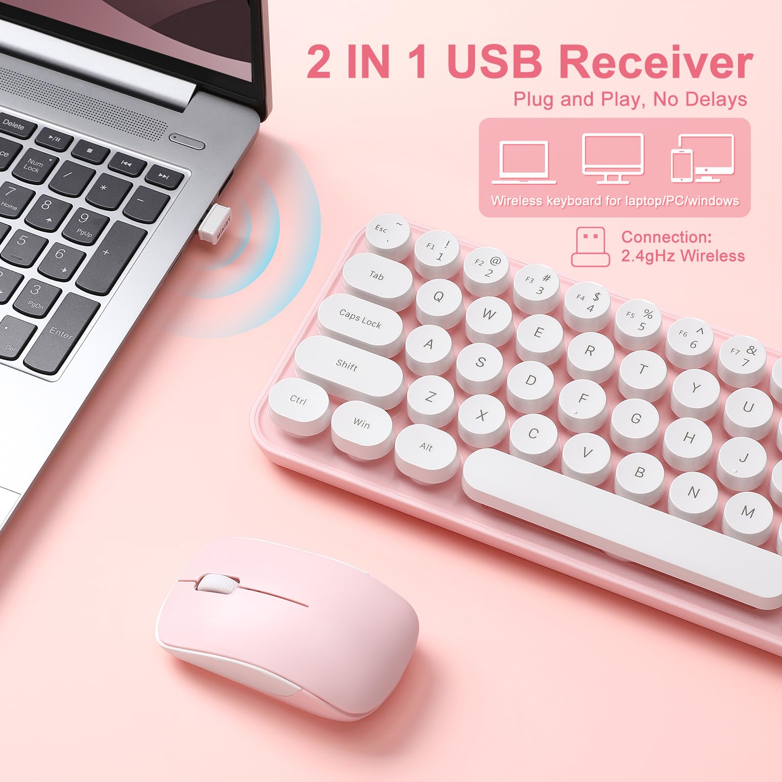 MIKIBY i68 Wireless Typewriter Keyboard and Mouse Combo,Pink Keyboard with 2.4GHz Connection, Cute Retro Aesthetic Design Round Keycaps for Tablet, Phone, PC and Win/Mac/Android(Pink) 4