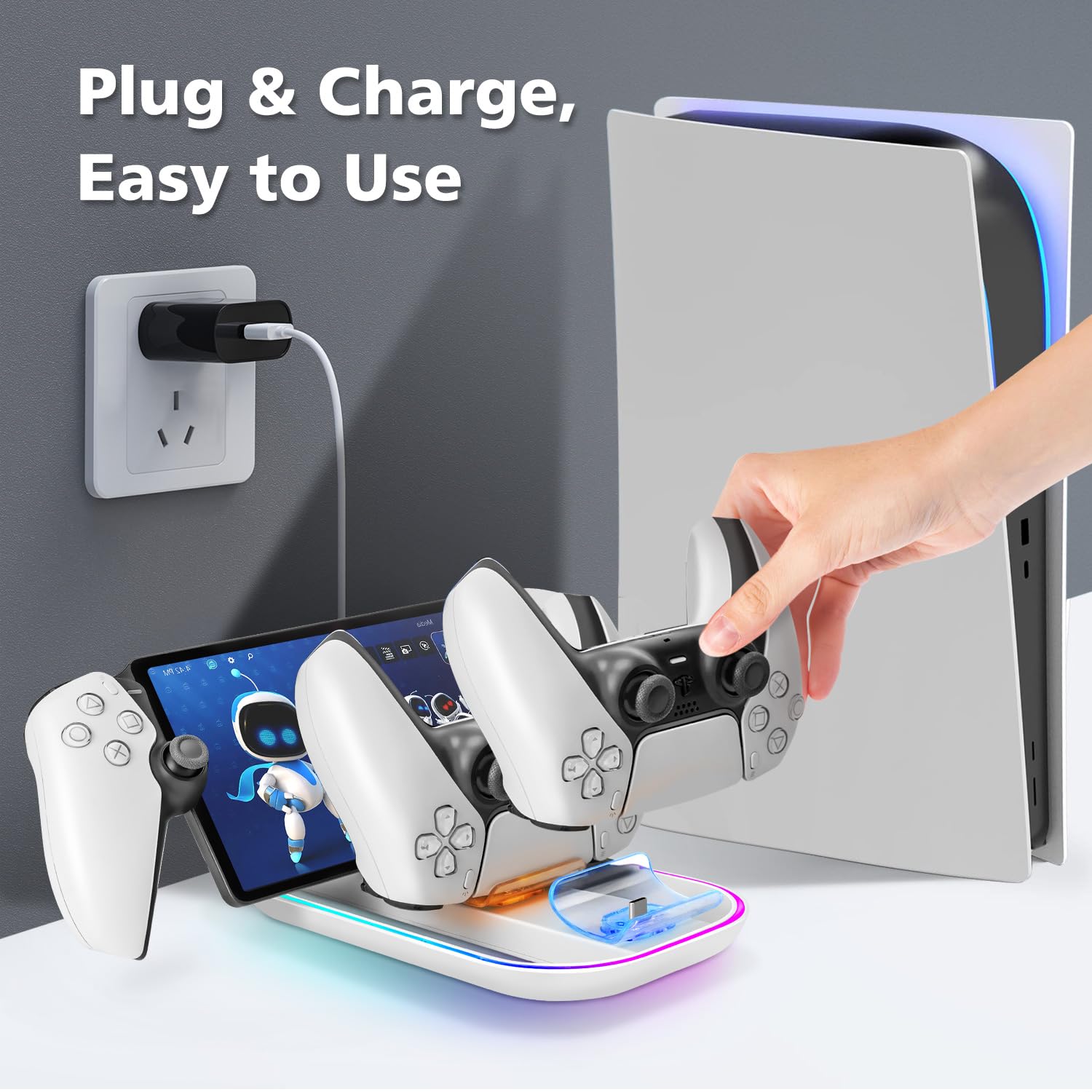 Charger Station for PlayStation Portal, Charging Dock with with 14 RGB Light & USB Type C Cable, Charge Base Holder for PS5 Controller & PlayStation Portal Remote Player Accessories (White) 6