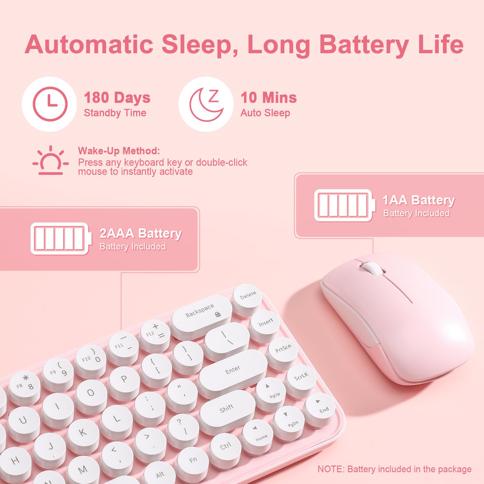 MIKIBY i68 Wireless Typewriter Keyboard and Mouse Combo,Pink Keyboard with 2.4GHz Connection, Cute Retro Aesthetic Design Round Keycaps for Tablet, Phone, PC and Win/Mac/Android(Pink) 6