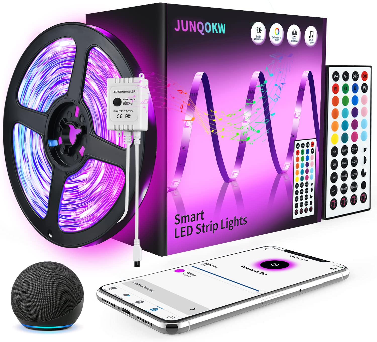 JUNQOKW 65.6ft Smart LED Strip Lights for Bedroom Music Sync LED Light Strips Work with Alexa,5050 RGB Color Changing LED Kit Lights with 44 Keys IR Remote Control,Home and Kitchen Decorations 1