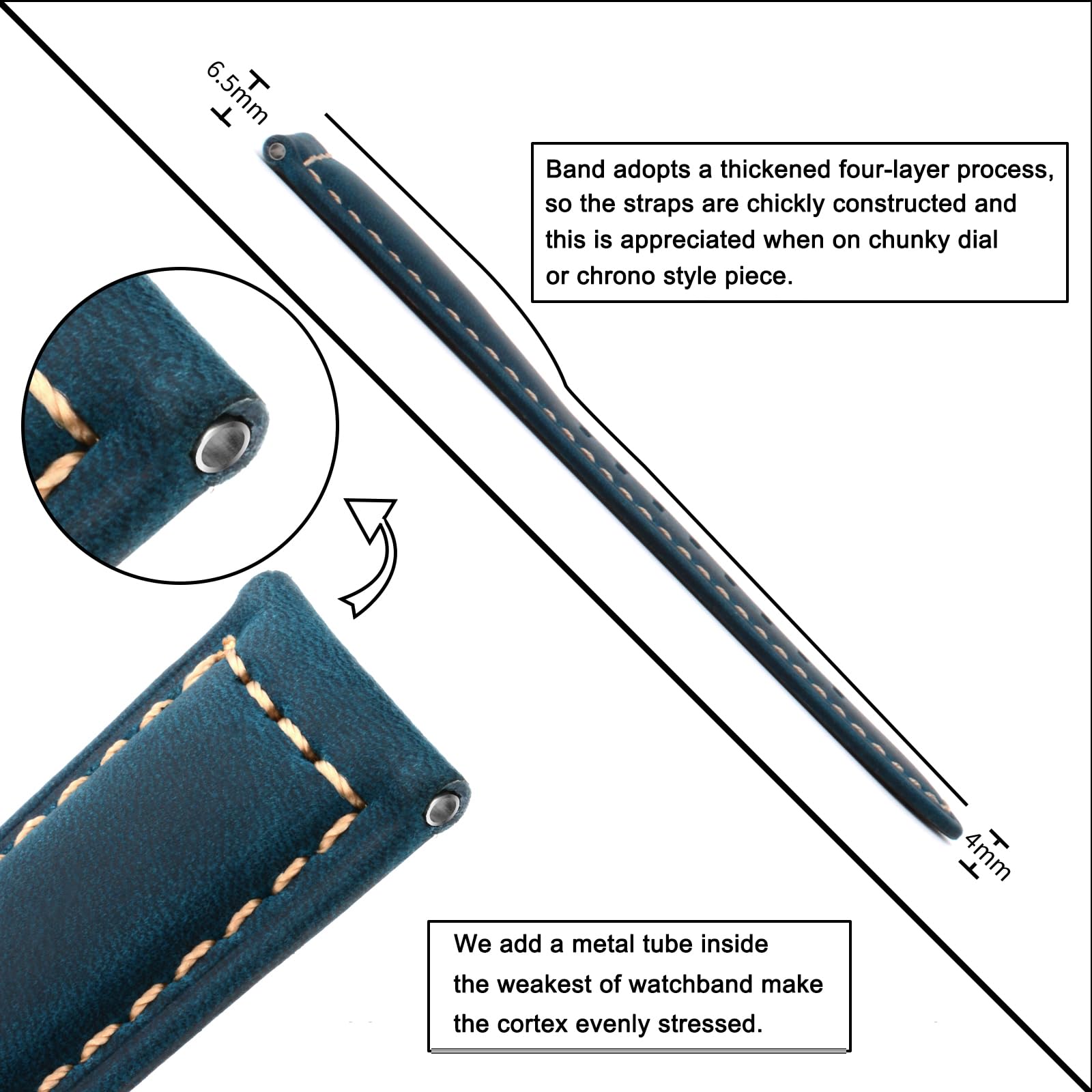 TStrap Leather Watch Band 22mm - Blue Vintage Soft Watch Strap for Men Thickly - Padded Smart Watch Bands Bracelet w/Clasp Buckle Replacement 5