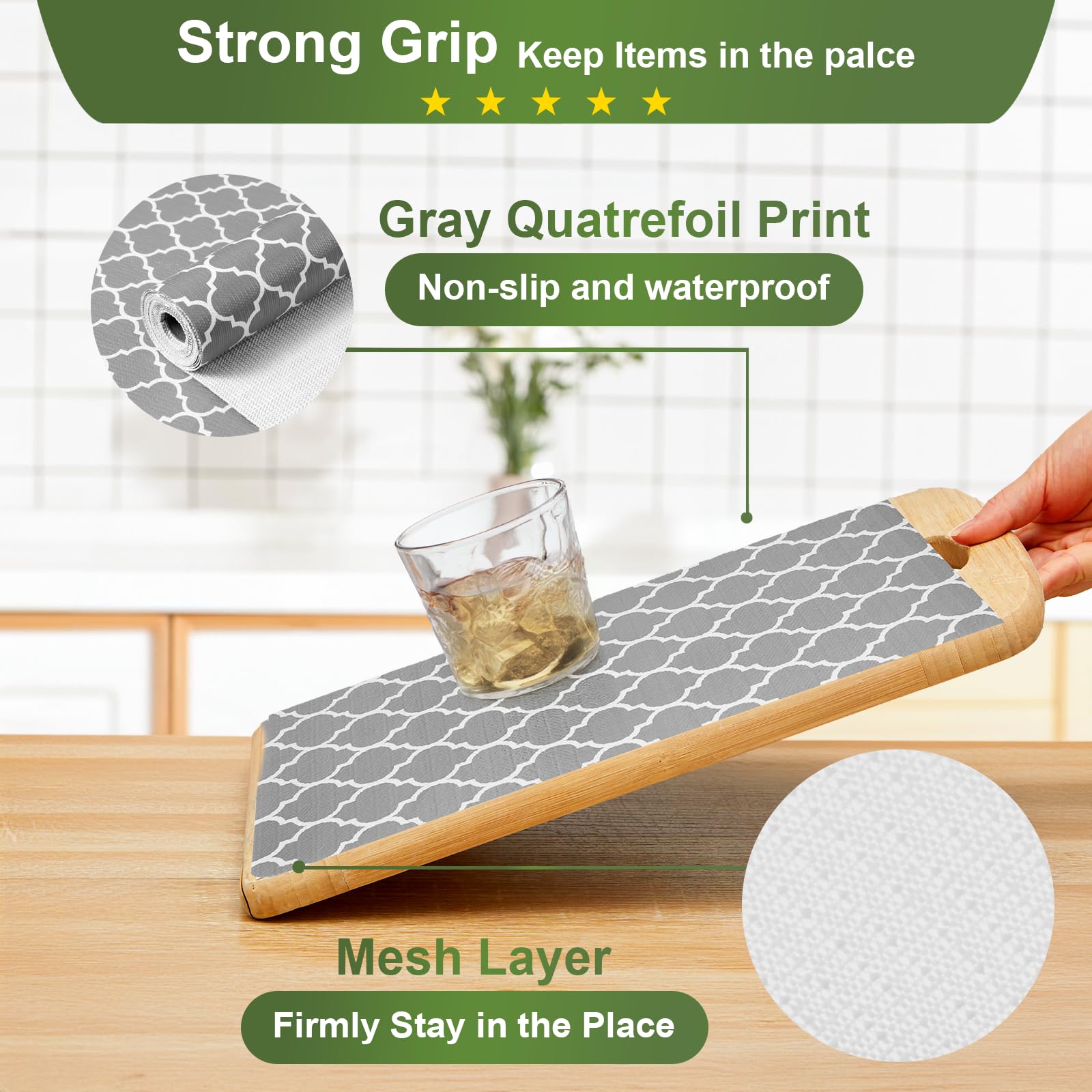 Moriah Shelf Liner for Kitchen Cabinet Non-Adhesive, Thickened Drawer Liner No Slip for Dresser Waterproof Cabinet Paper Liner for Bathroom Shelves Protects Surfaces(Grey,24'' x 10') 3