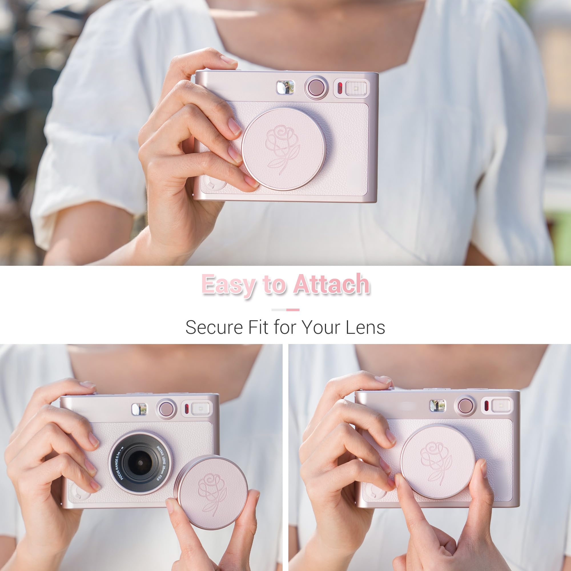 Pink Lens Cap for Fujifilm Insta Mini EVO, Retro Leather Aluminum Anti-Dust Anti-Scratches Lightweight Camera Lens Cover with Rose Pattern, Accessories for Fuji Mini Evo Lens Protection Cover 6