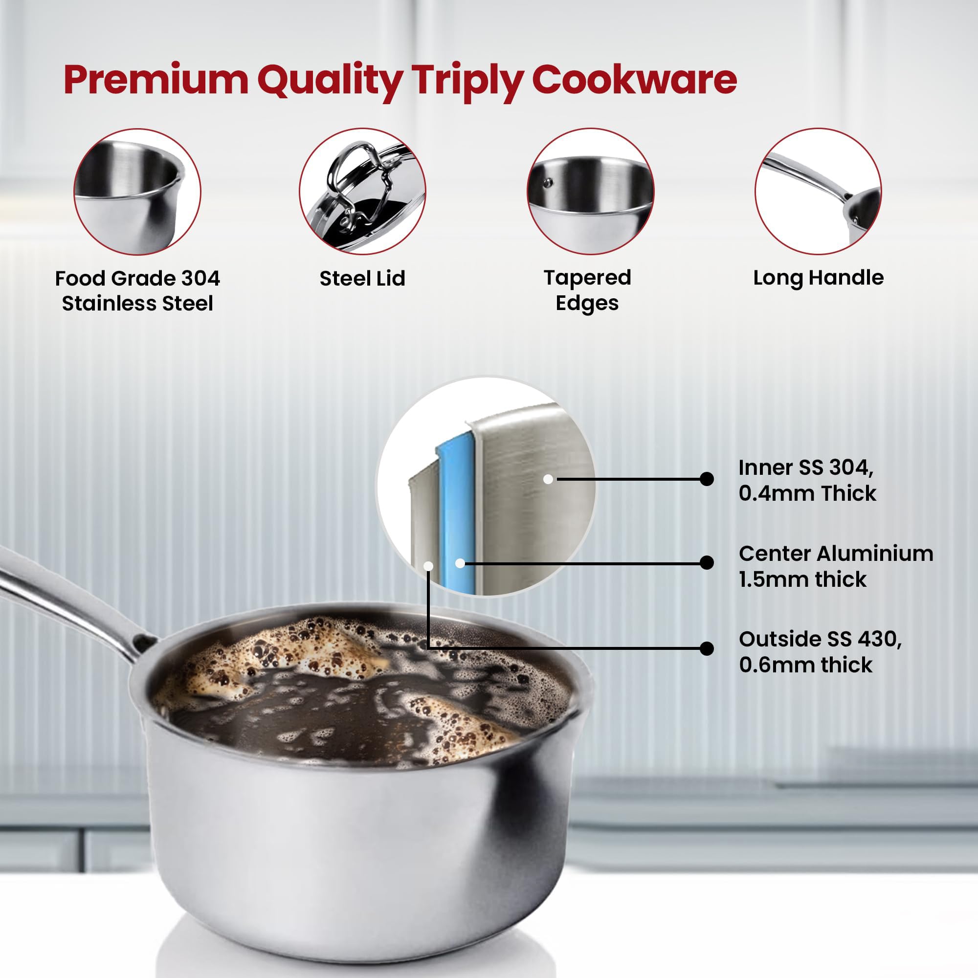 Kuber Industries Hard Anodised Non Stick Sauce Pan with Lid & Handle | Heat Resistant Gas Stove & Induction Sauce Pan for Coffee, Tea & Milk | Boiling Pot Vessel | Silver 5