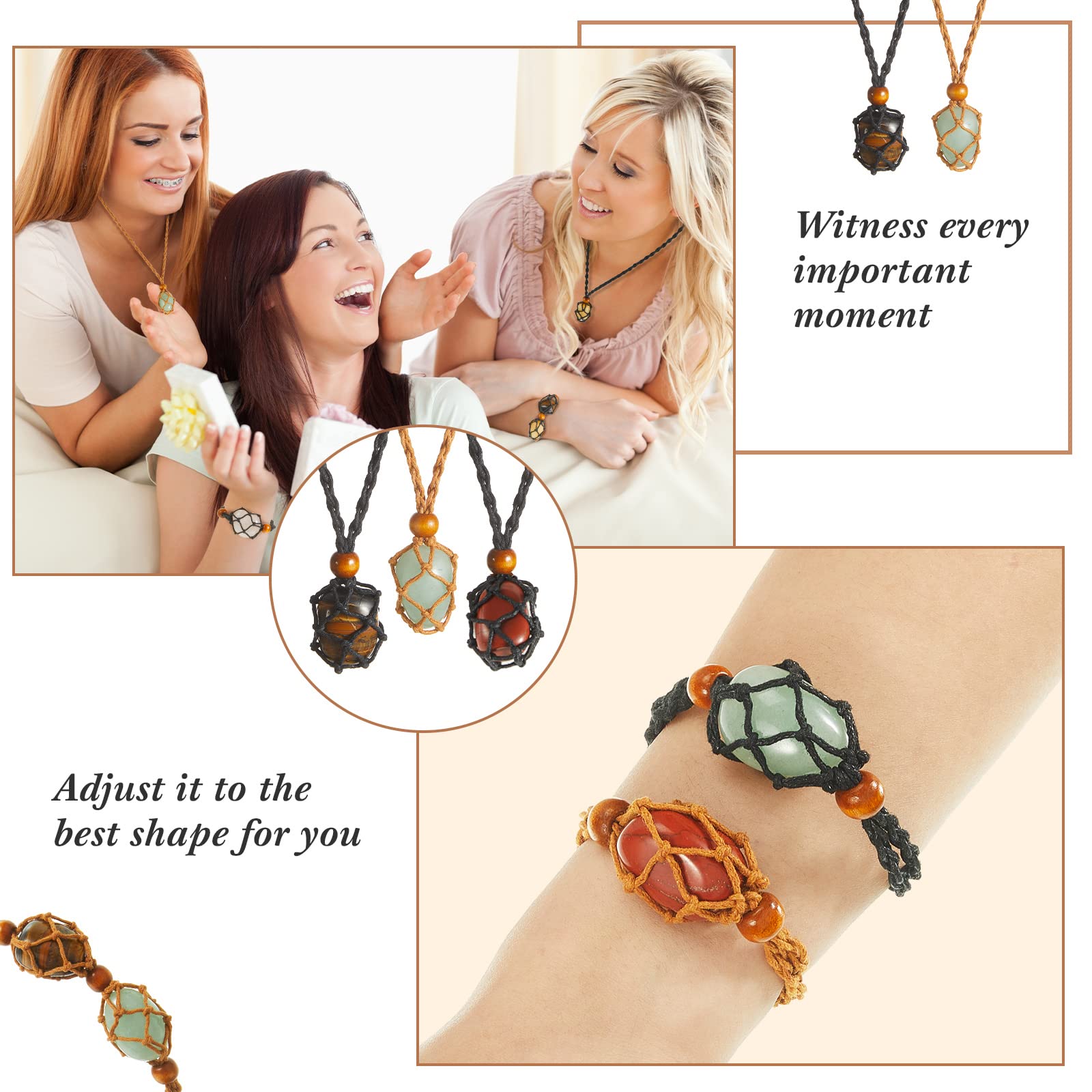 Fabbay 8 Pcs Adjustable Crystal Necklace Holder and Bracelet Set Crystal Cage Necklaces Empty Bracelet Holder Quartz Stone Cage Cords for DIY Jewelry Making Gift Supplies, Black and Brown 6