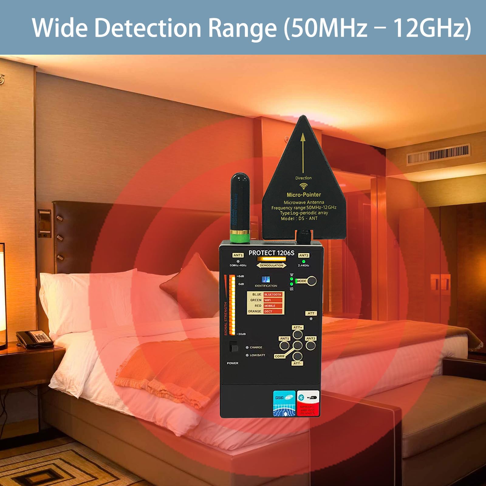 yyiikee Protect 1206S Professional RF Detector & Bug Sweeper – Detects GSM Bluetooth Wi-Fi & Hidden Cameras – Dual Antennas 50MHz-12GHz Frequency Range Anti Spy Device for Home Office Car 6