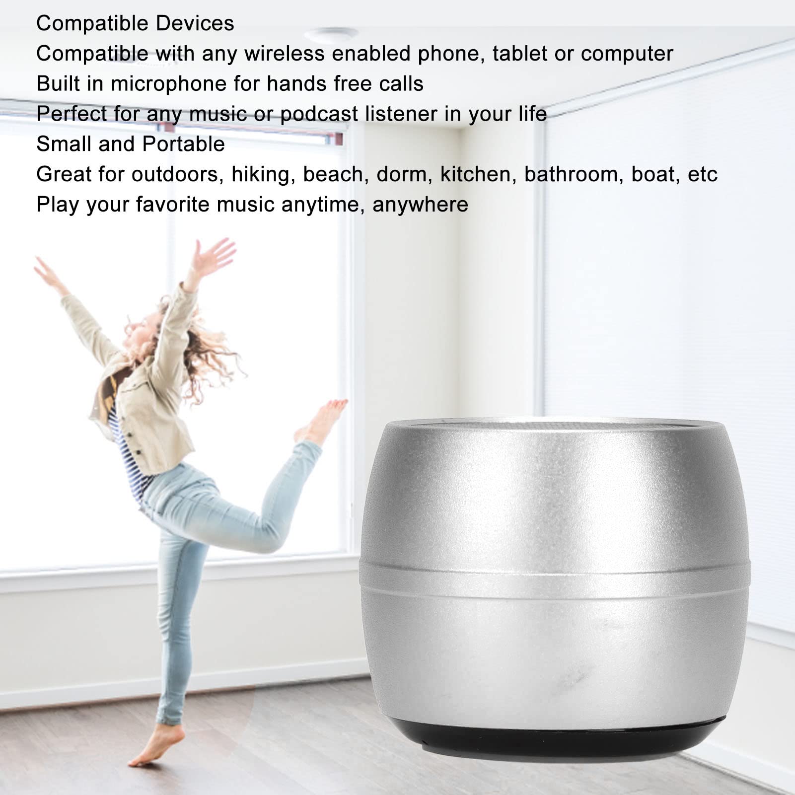 JTLB Mini Bluetooth Speaker IP67 USB Charging Built in Mic Portable Speaker for Shower Room Car (Silver) 3