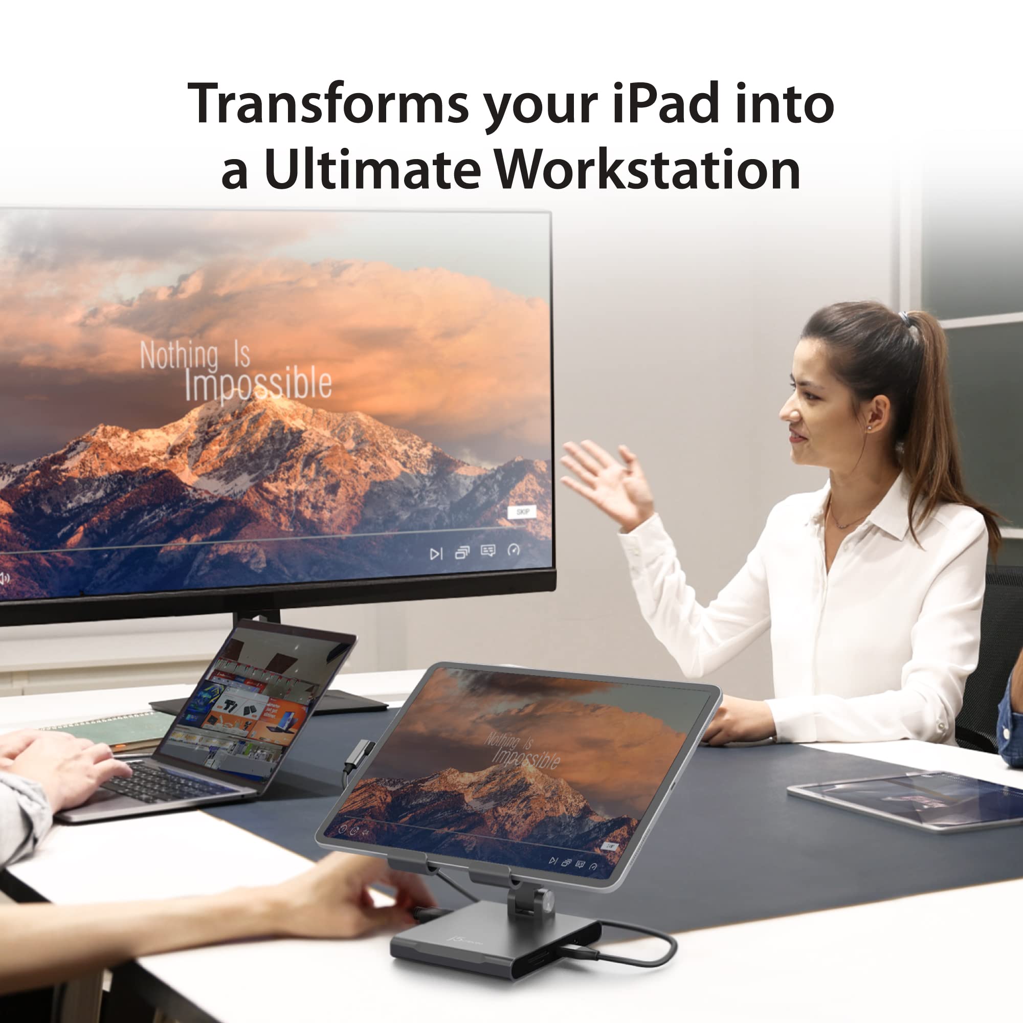 j5create Adjustable Tablet Stand with USB Type C Docking Station for iPad Pro/Air/mini : 4K60 HDMI, 2 x USB-A 5Gbps, 100W PD Charging, microSD/SD Card Reader, 3.5mm Audio Jack (JTS224) 4