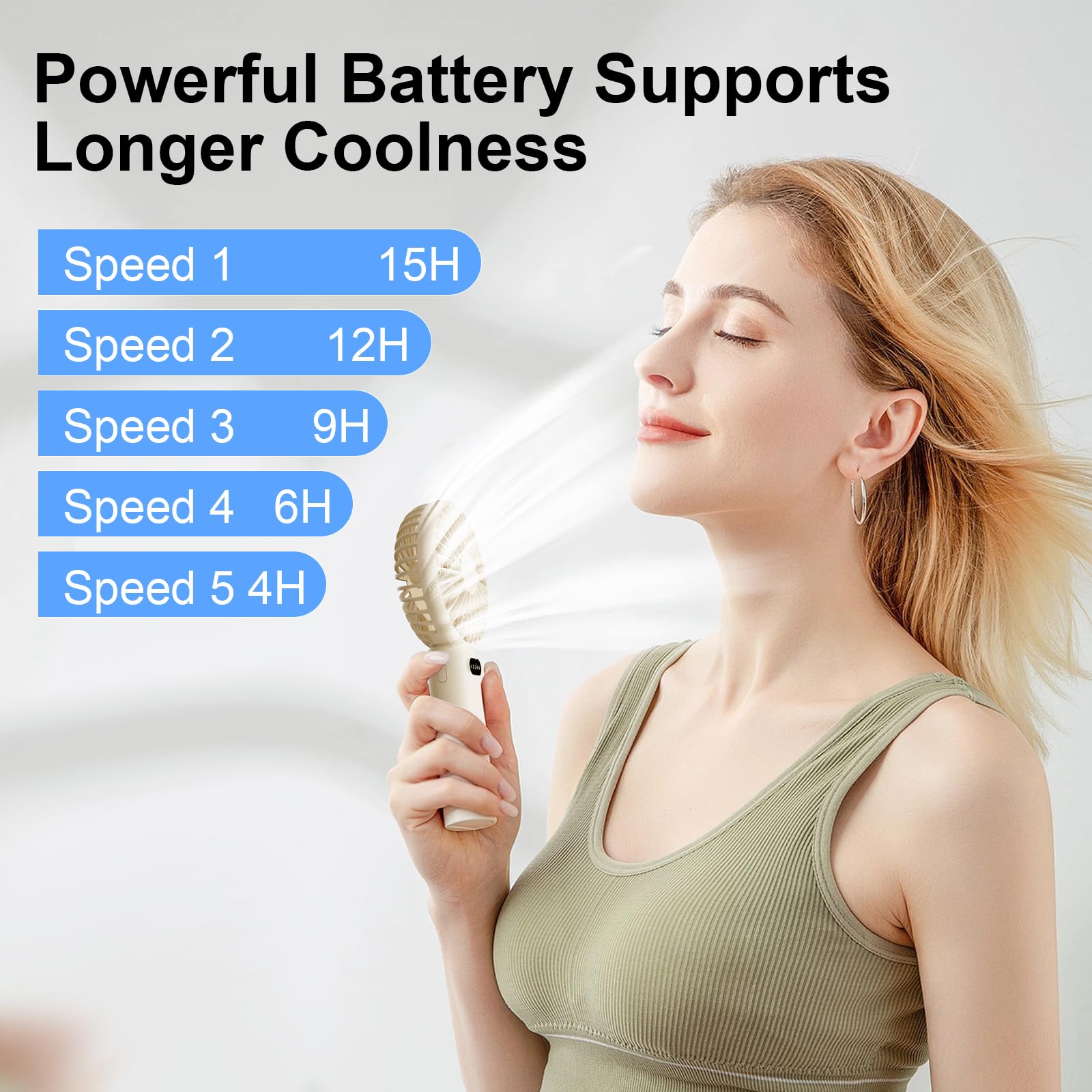 plilogo Portable Fan, Handheld Fan with LED Display, Personal Fan for 15 Hours Cooling, Small Fan with Powerful Airflow, Rechargeable Travel Fan for Outdoor Camping, Mini Fan with Phone Holder 4