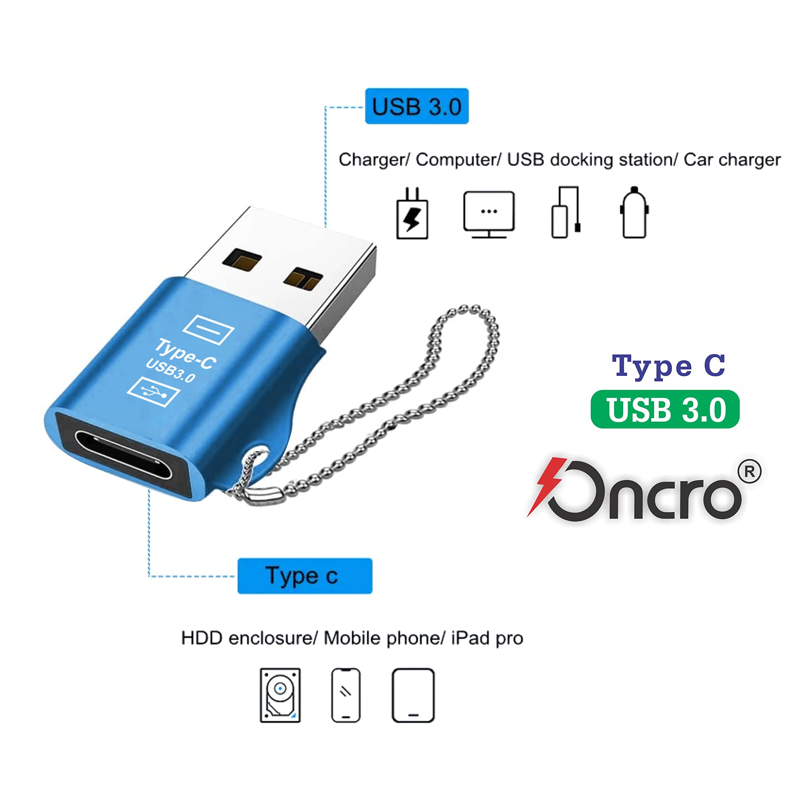 ONCRO® Chain USB 3.0 to Female Type c Adapter USB to Type c Connector Converter Adaptor OTG dongle Plug for i-Phone 11 12 13 Mini pro max, Samsung flip fold 3 Galaxy Note 10 s20 s20+ Pixel oneplus 5