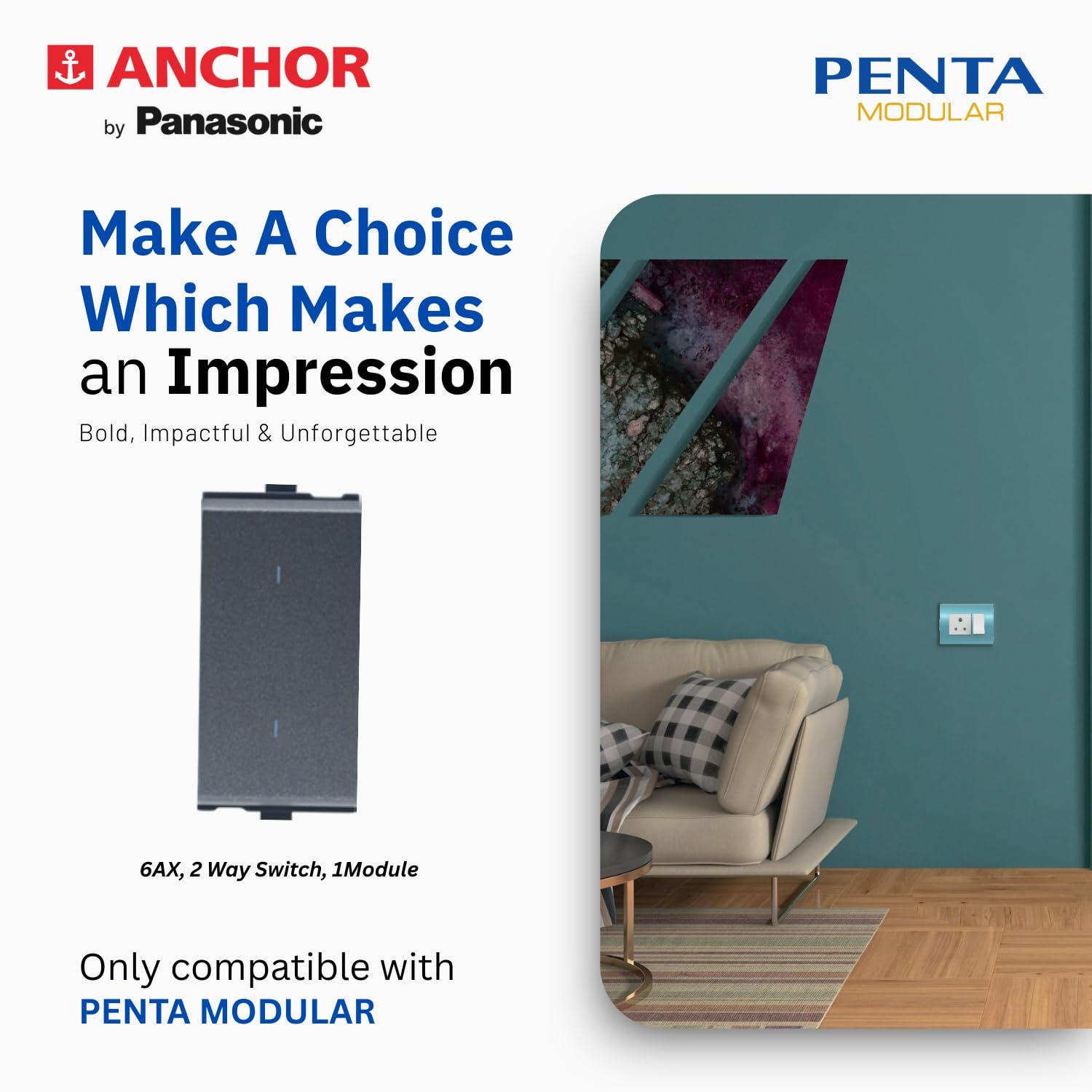 Anchor by Panasonic Penta Modular 6AX Two Way Switch, 1 Module 2 Way Switch (Black, 65002B) 4